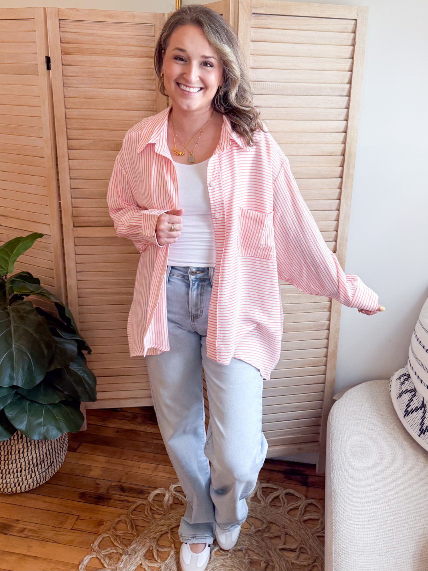 Averie Striped Button Down - Coral - The Collective Rose