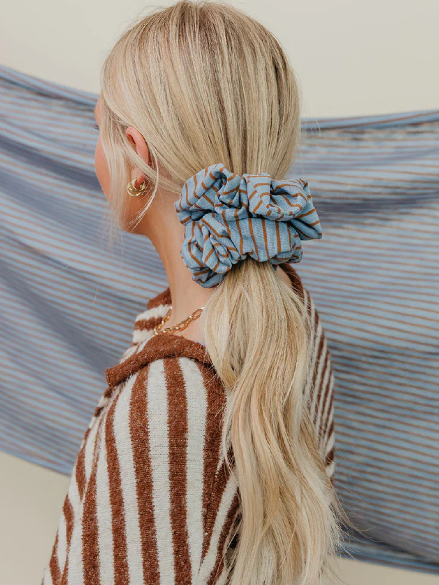 Striped Oversized Scrunchie + Headband Bundle - Blue - The Collective Rose