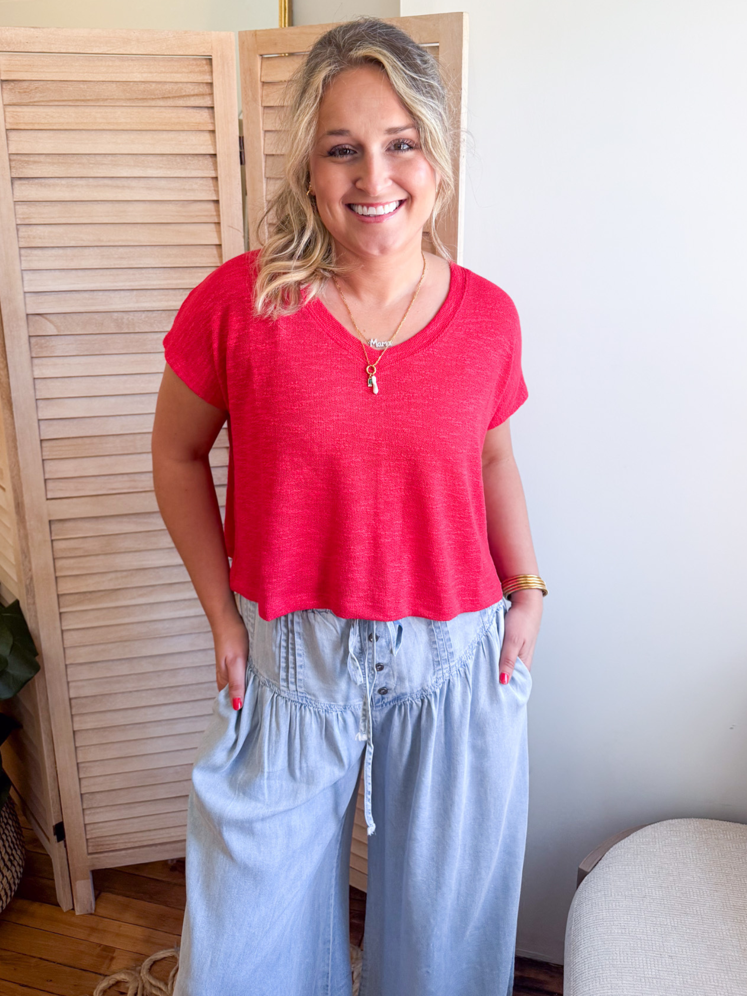Julia V-Neck Slub Tee - Red - The Collective Rose