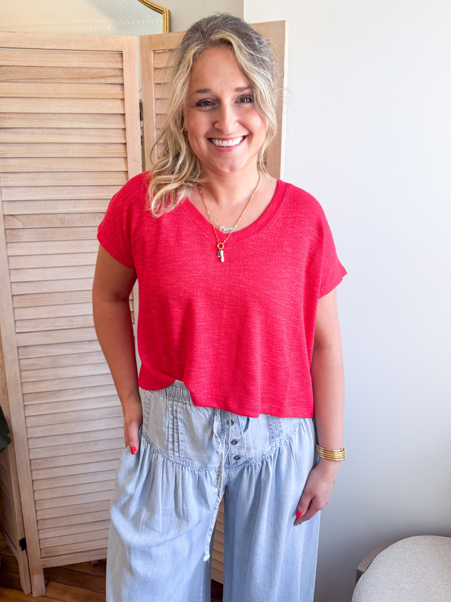 Julia V-Neck Slub Tee - Red - The Collective Rose