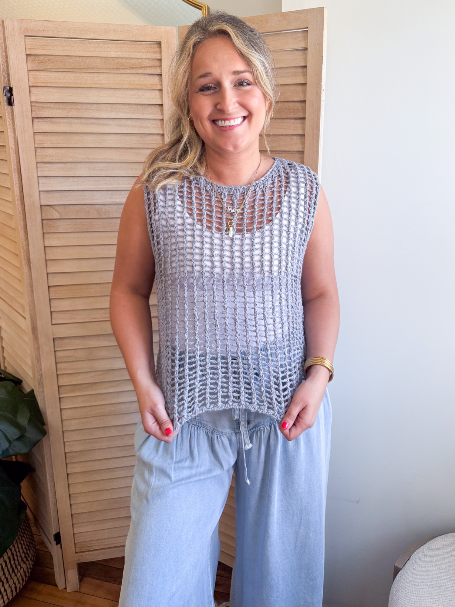 Hollis Chunky Open Knit Sweater Vest - Gray - The Collective Rose