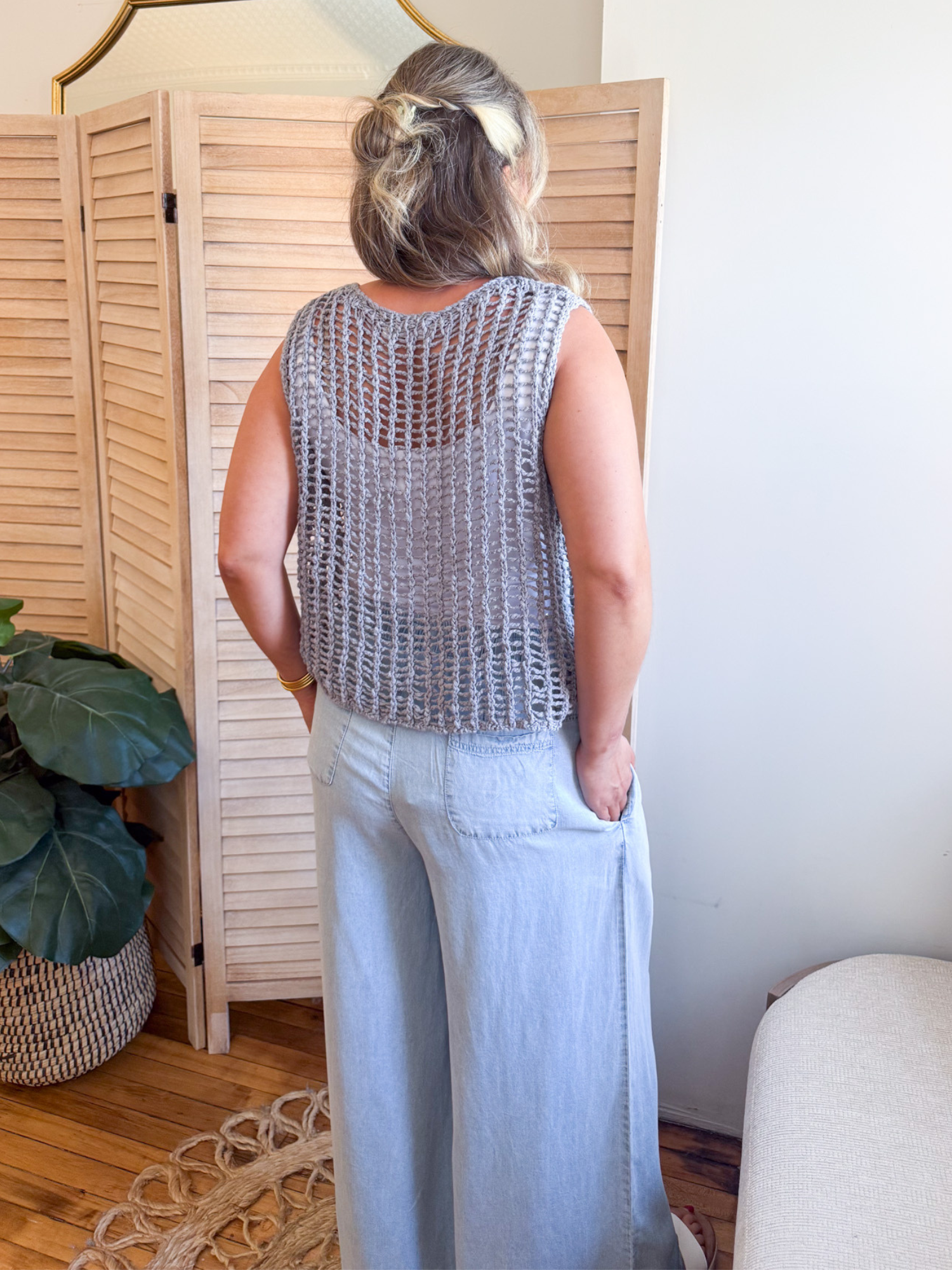 Hollis Chunky Open Knit Sweater Vest - Gray - The Collective Rose