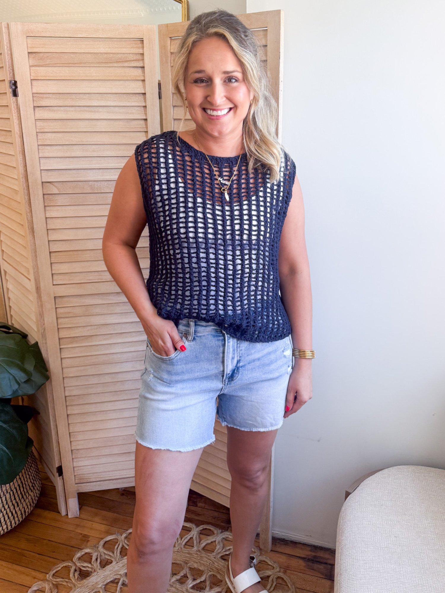 Hollis Chunky Open Knit Sweater Vest - Navy - The Collective Rose