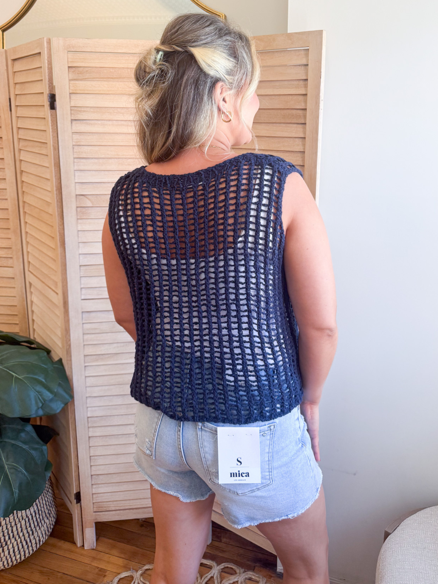 Hollis Chunky Open Knit Sweater Vest - Navy - The Collective Rose