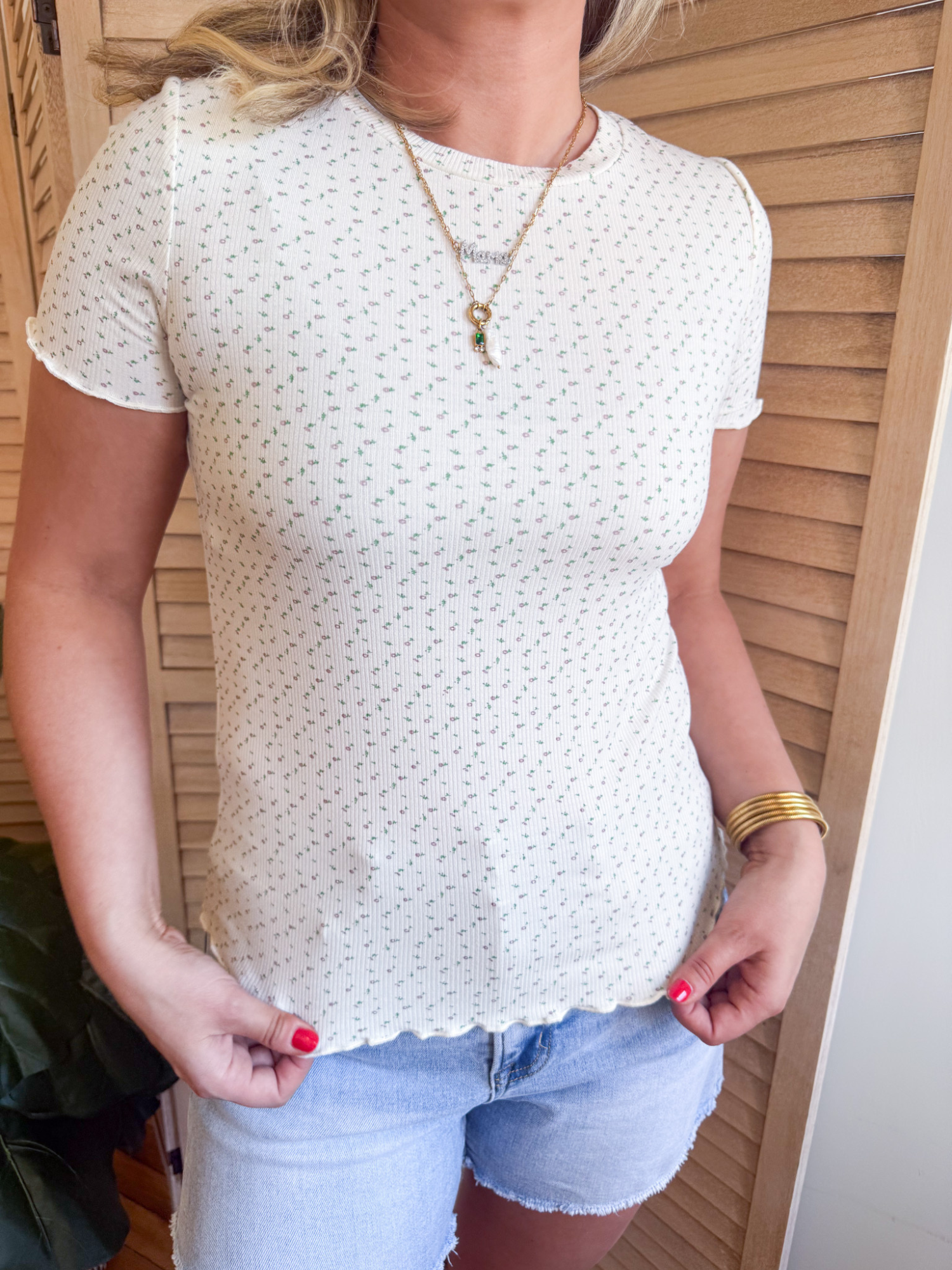 Essential Lettuce Trim Ribbed Tee - Ditsy Floral - The Collective Rose