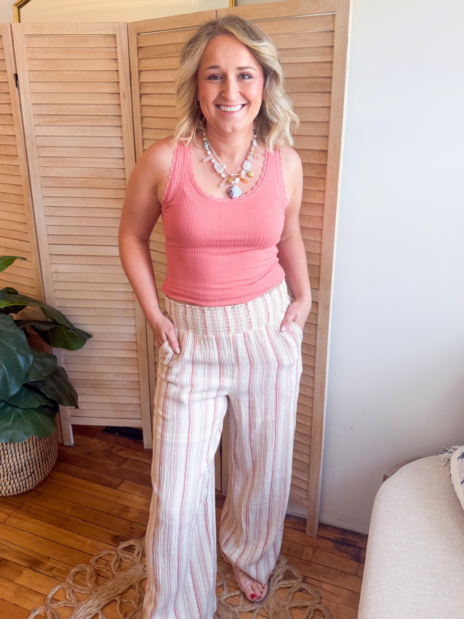Kacey Lace Trim Ribbed Tank - Coral