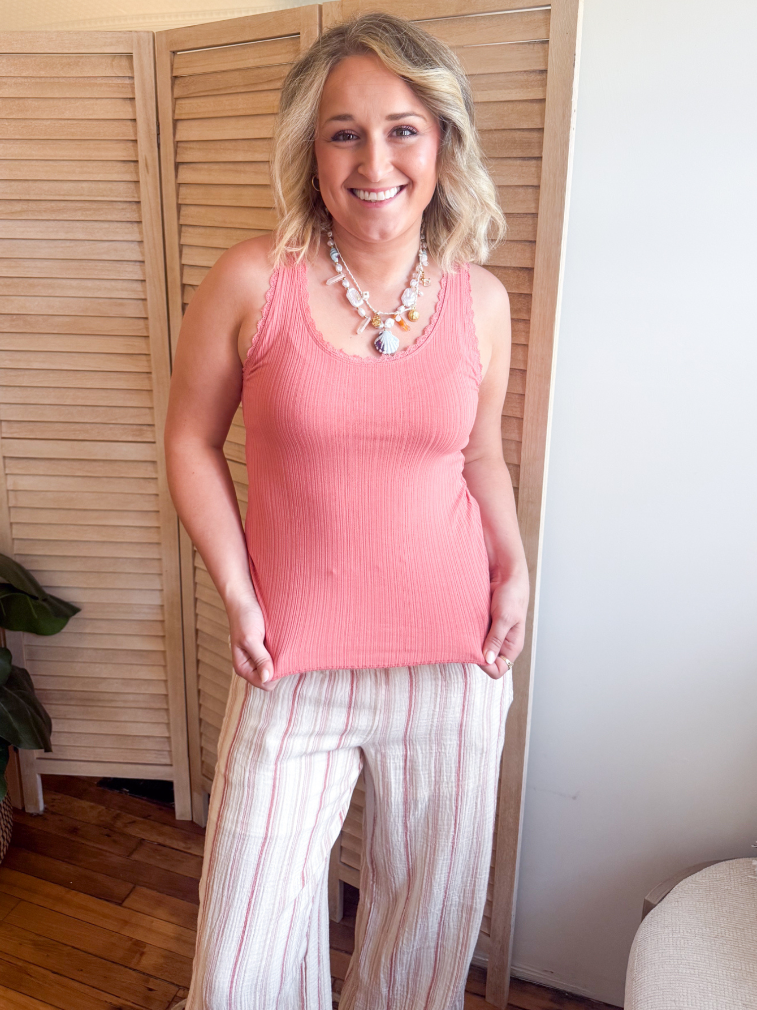 Kacey Lace Trim Ribbed Tank - Coral