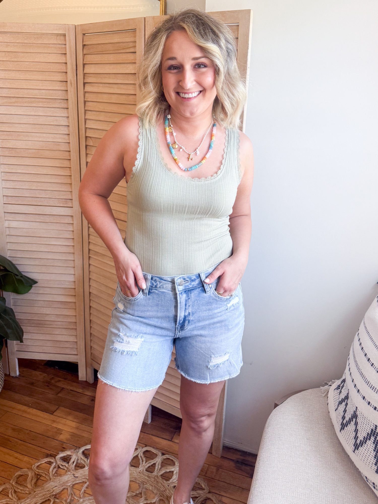 Kacey Lace Trim Ribbed Tank - Sage