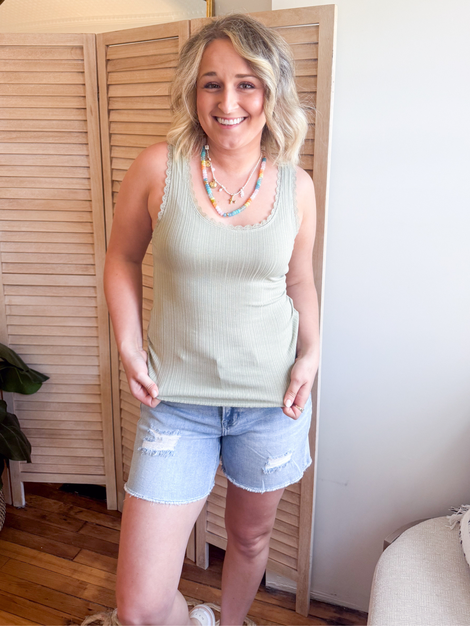 Kacey Lace Trim Ribbed Tank - Sage