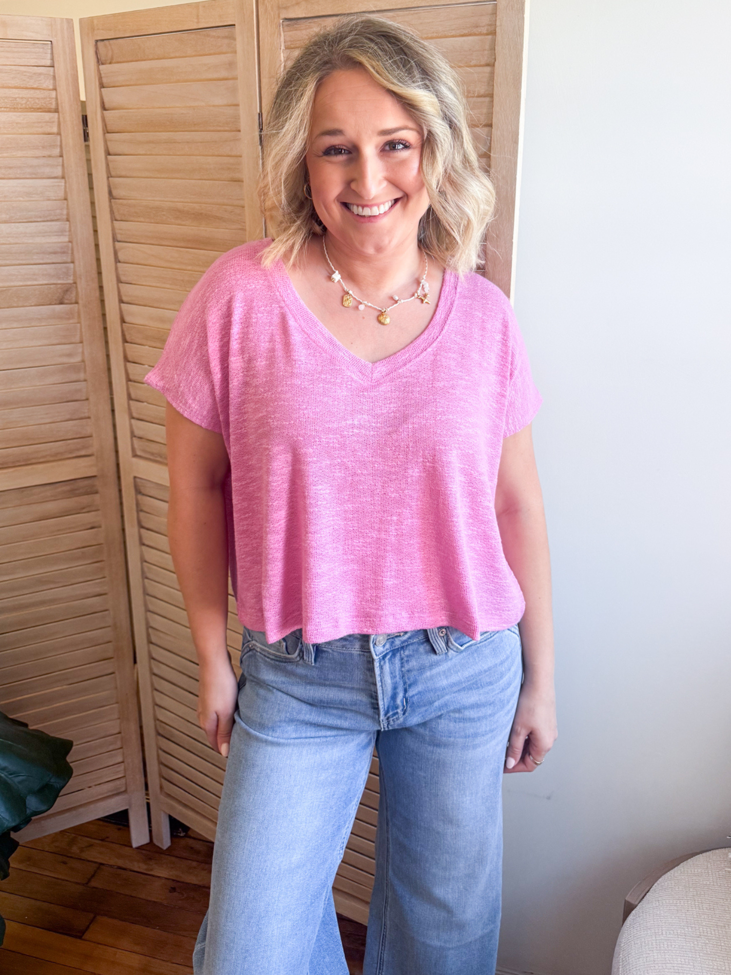 Julia V-Neck Slub Tee - Candy Pink