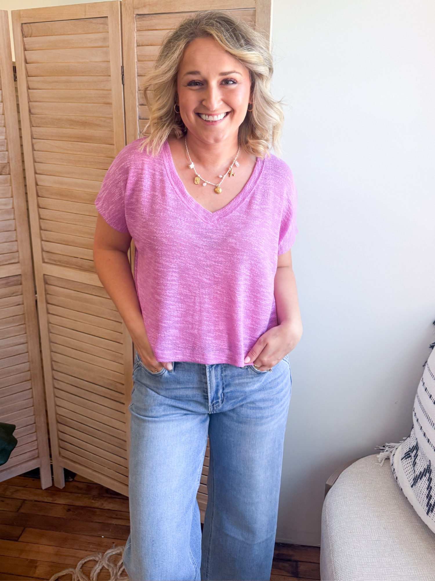 Julia V-Neck Slub Tee - Bright Mauve