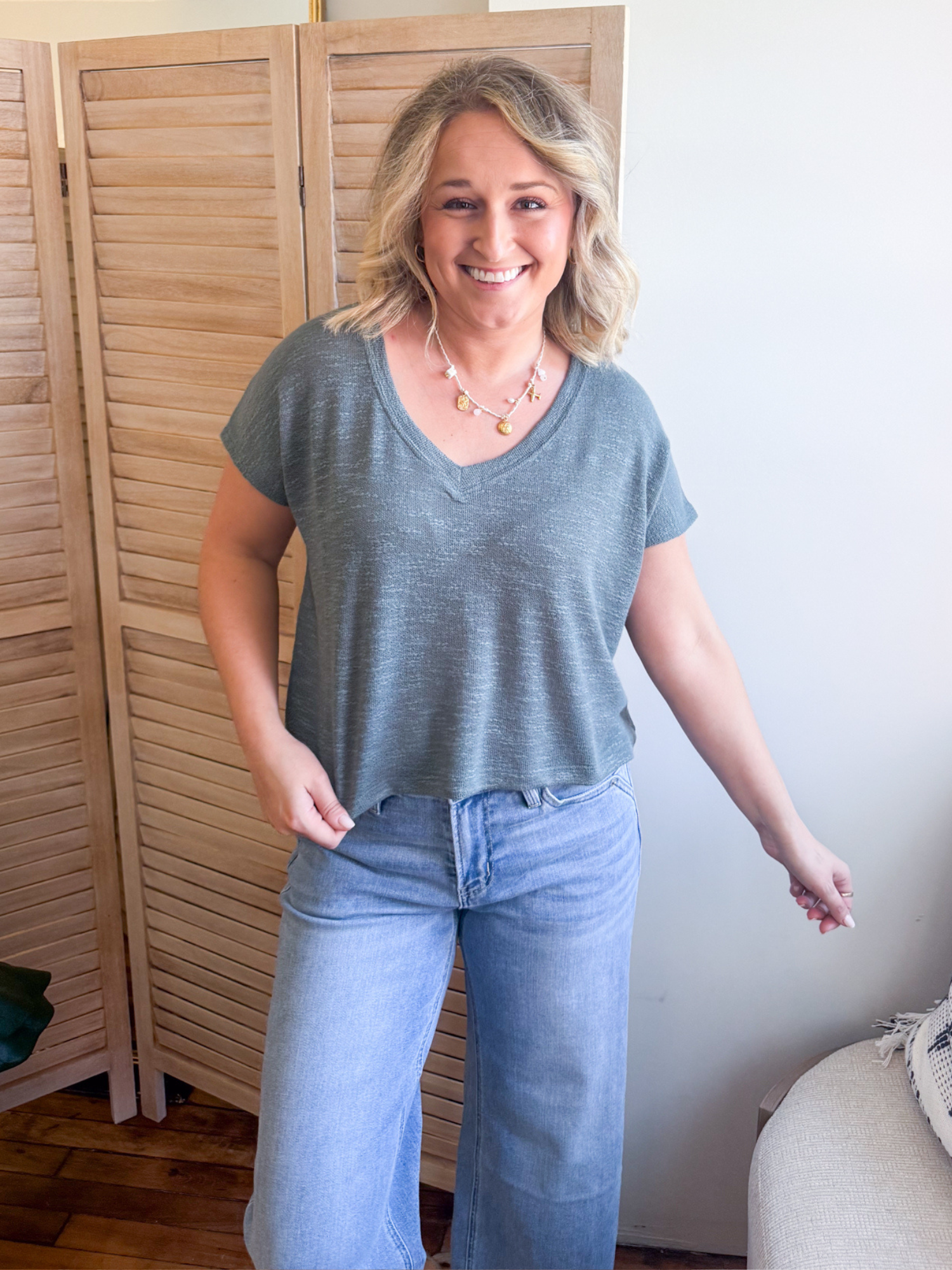 Julia V-Neck Slub Tee - Ash Jade