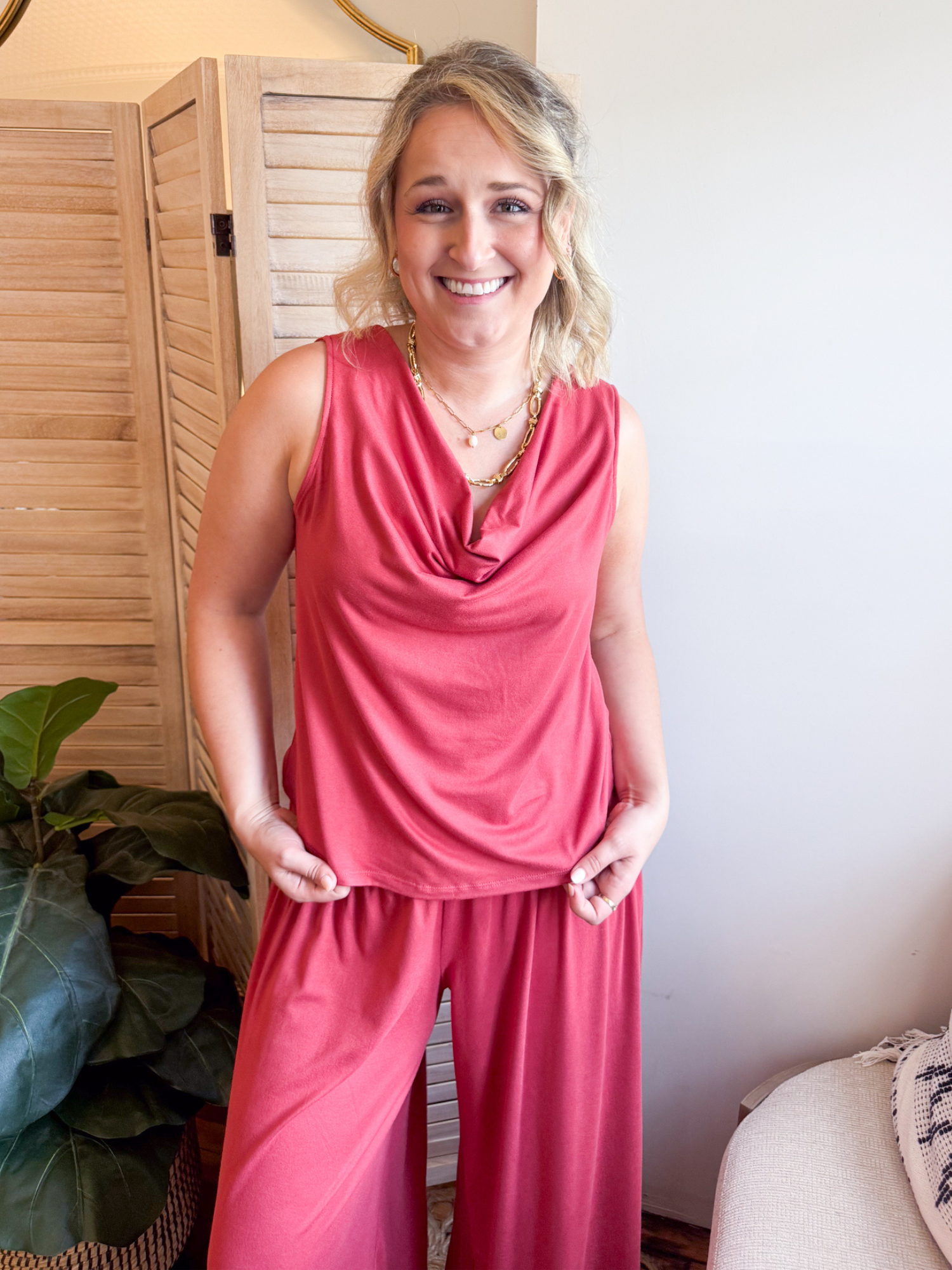Solene Cowl Neck Tank Top - Dusty Red