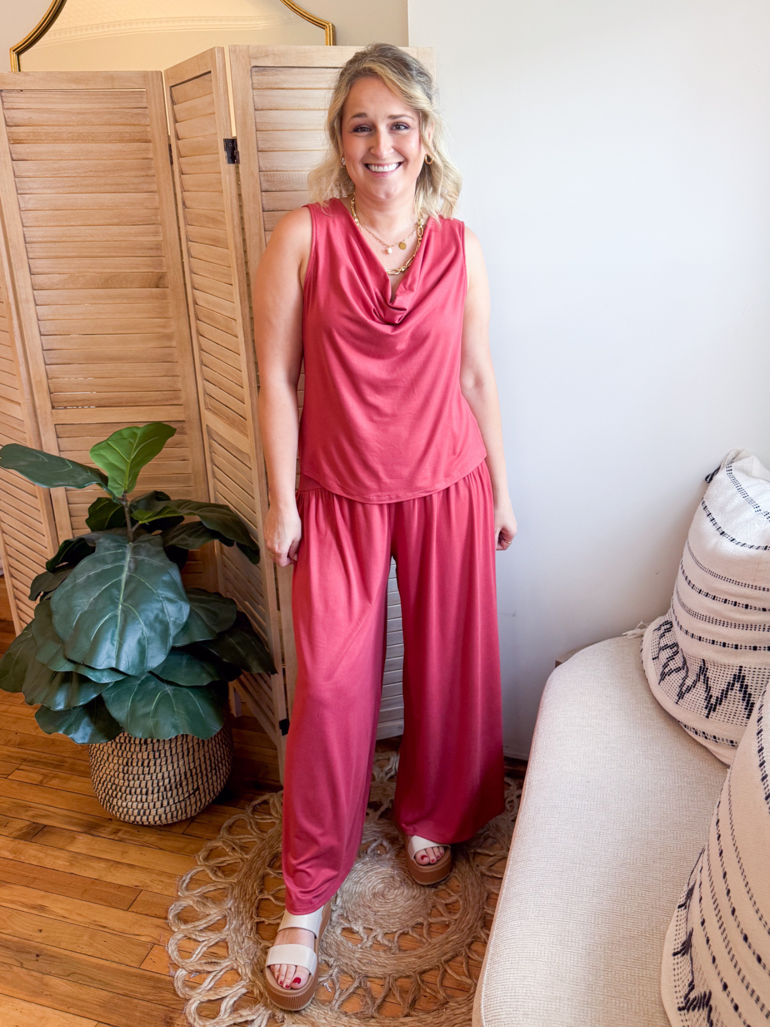 Solene Wide Leg Pants - Dusty Red