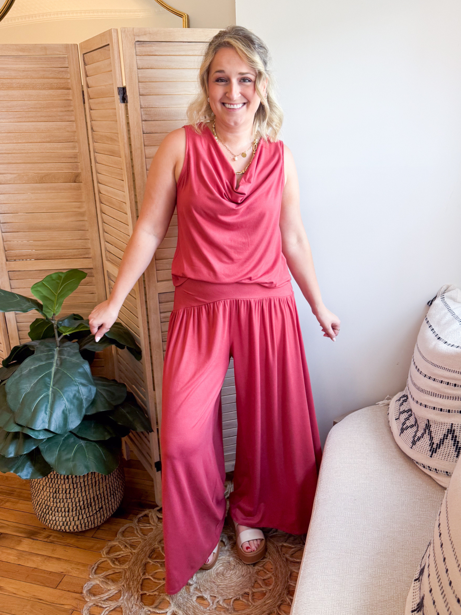 Solene Wide Leg Pants - Dusty Red