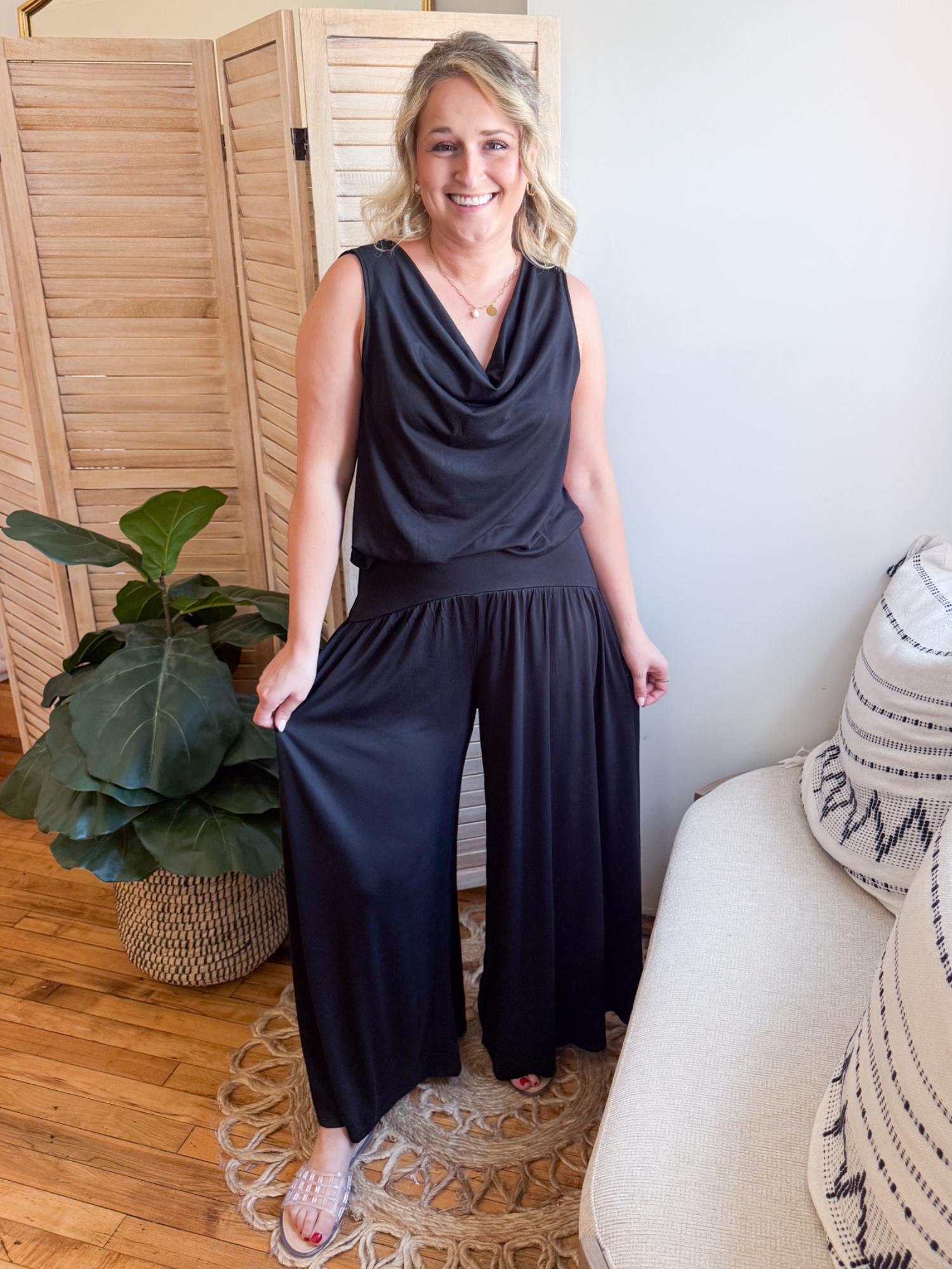 Solene Cowl Neck Tank Top - Black