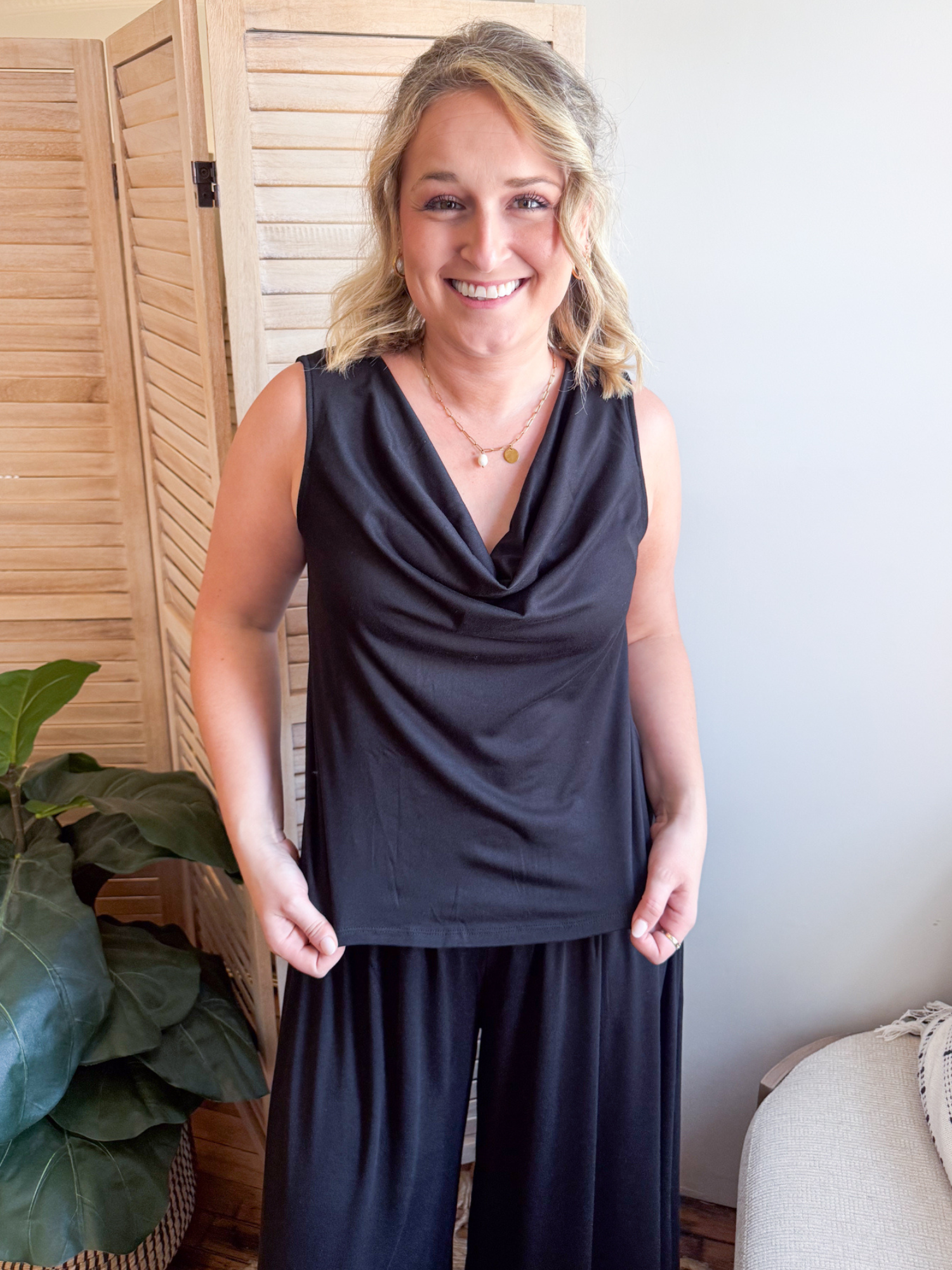 Solene Cowl Neck Tank Top - Black