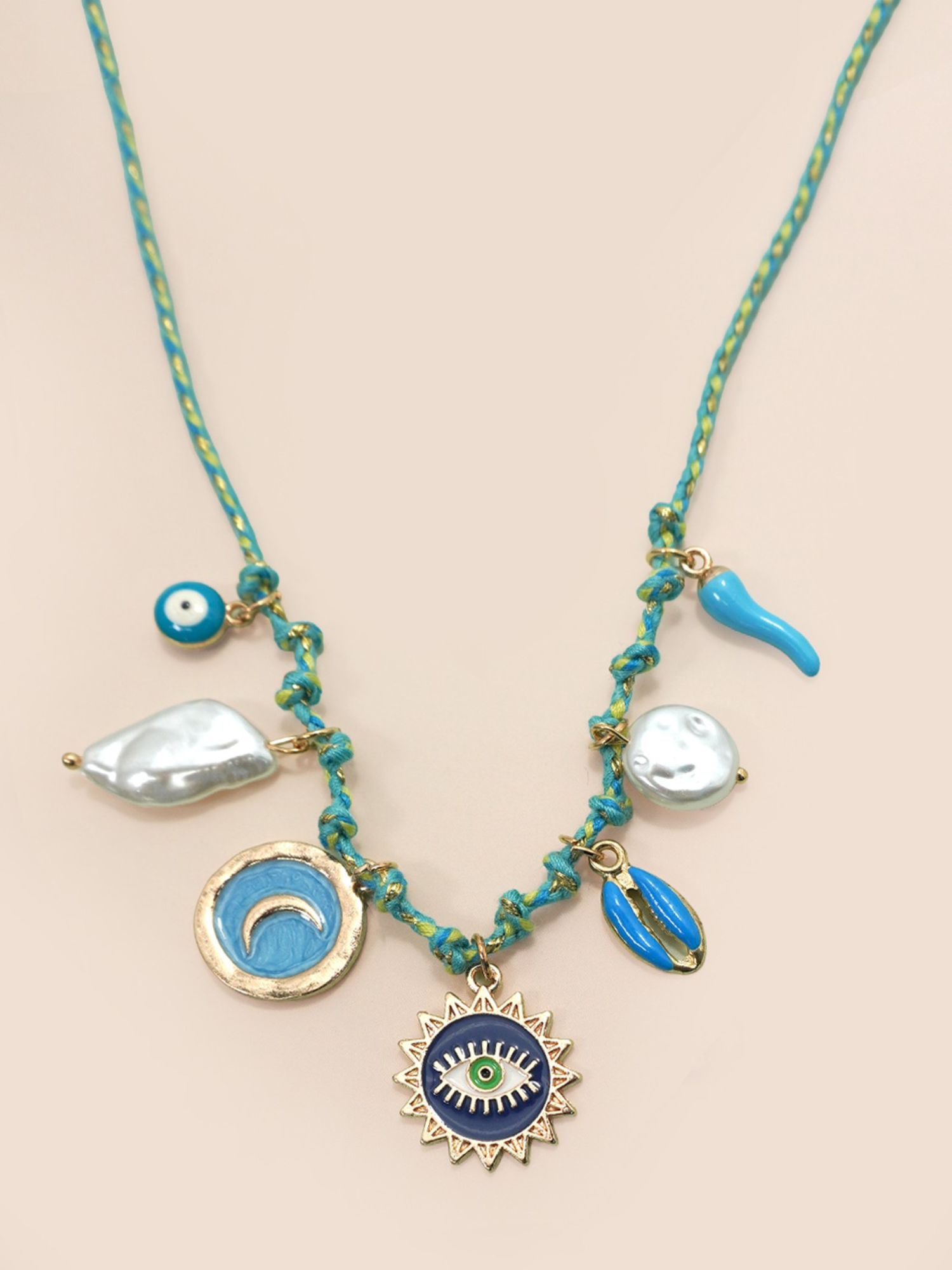 Corded Charm Necklace - Aqua