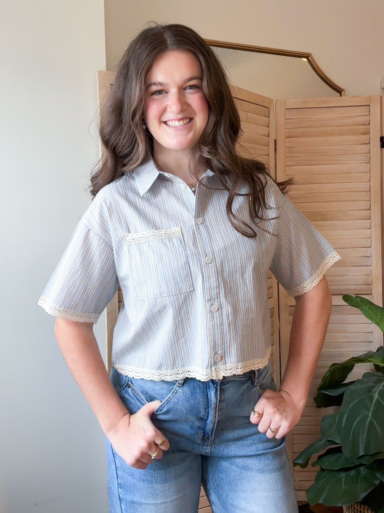 Nina Lace Trim Striped Button Up