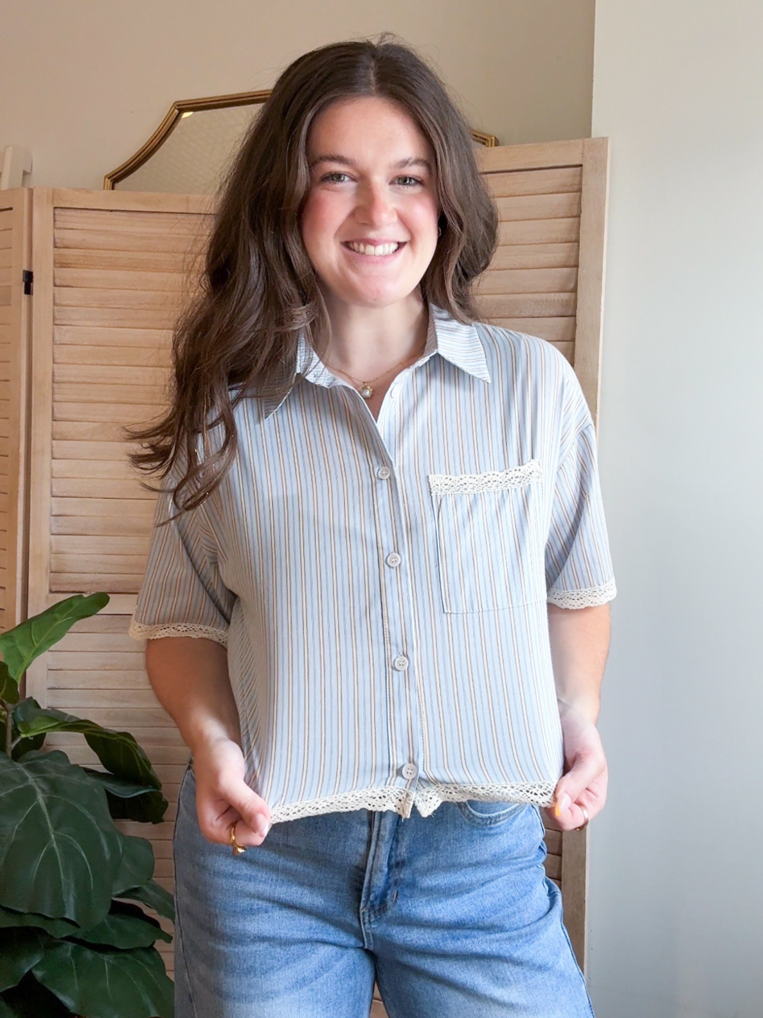 Nina Lace Trim Striped Button Up