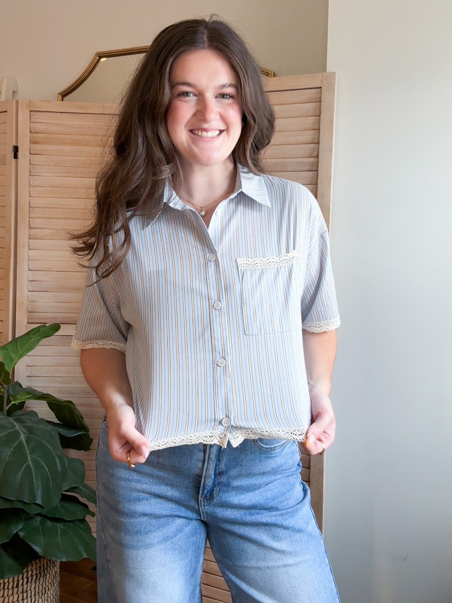 Nina Lace Trim Striped Button Up