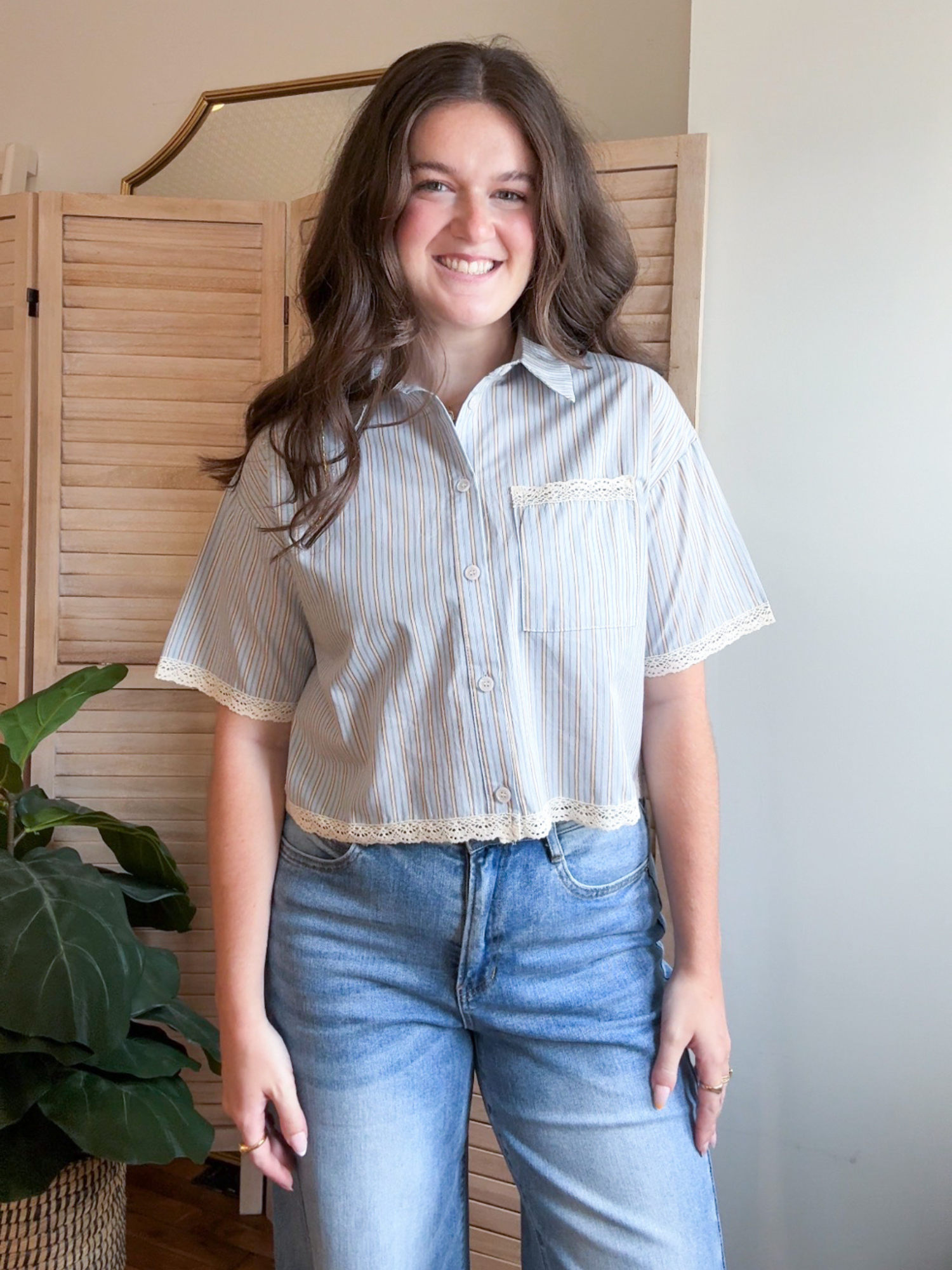 Nina Lace Trim Striped Button Up