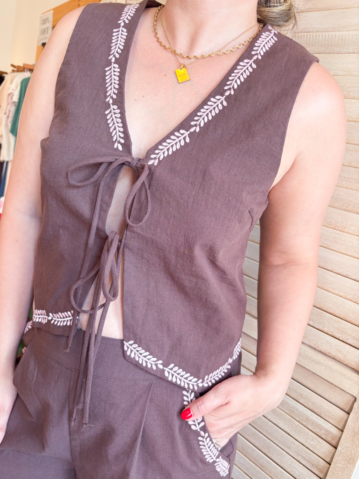 Winnie Embroidered Front Tie Vest
