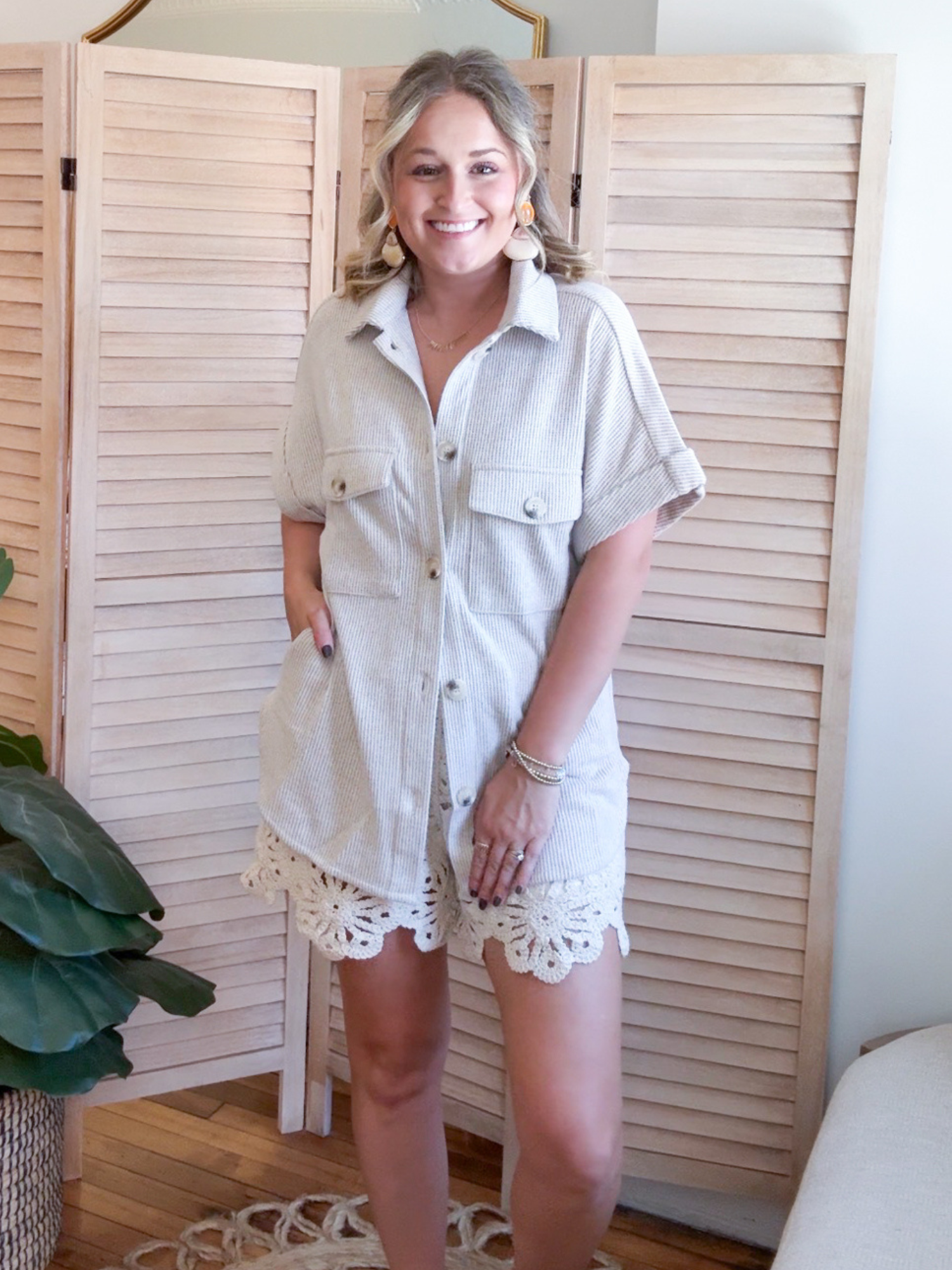 Delanie Waffle Short Sleeve Shacket - Oatmeal