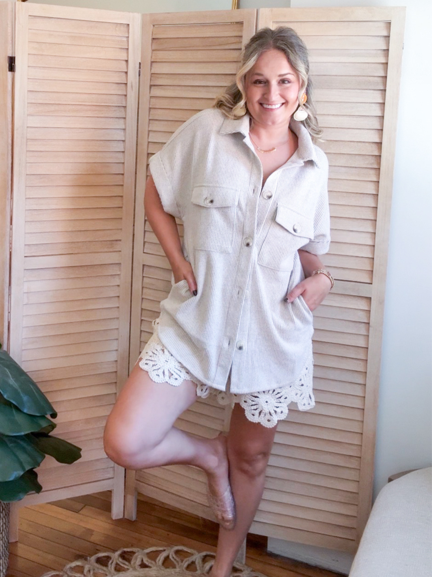 Delanie Waffle Short Sleeve Shacket - Oatmeal