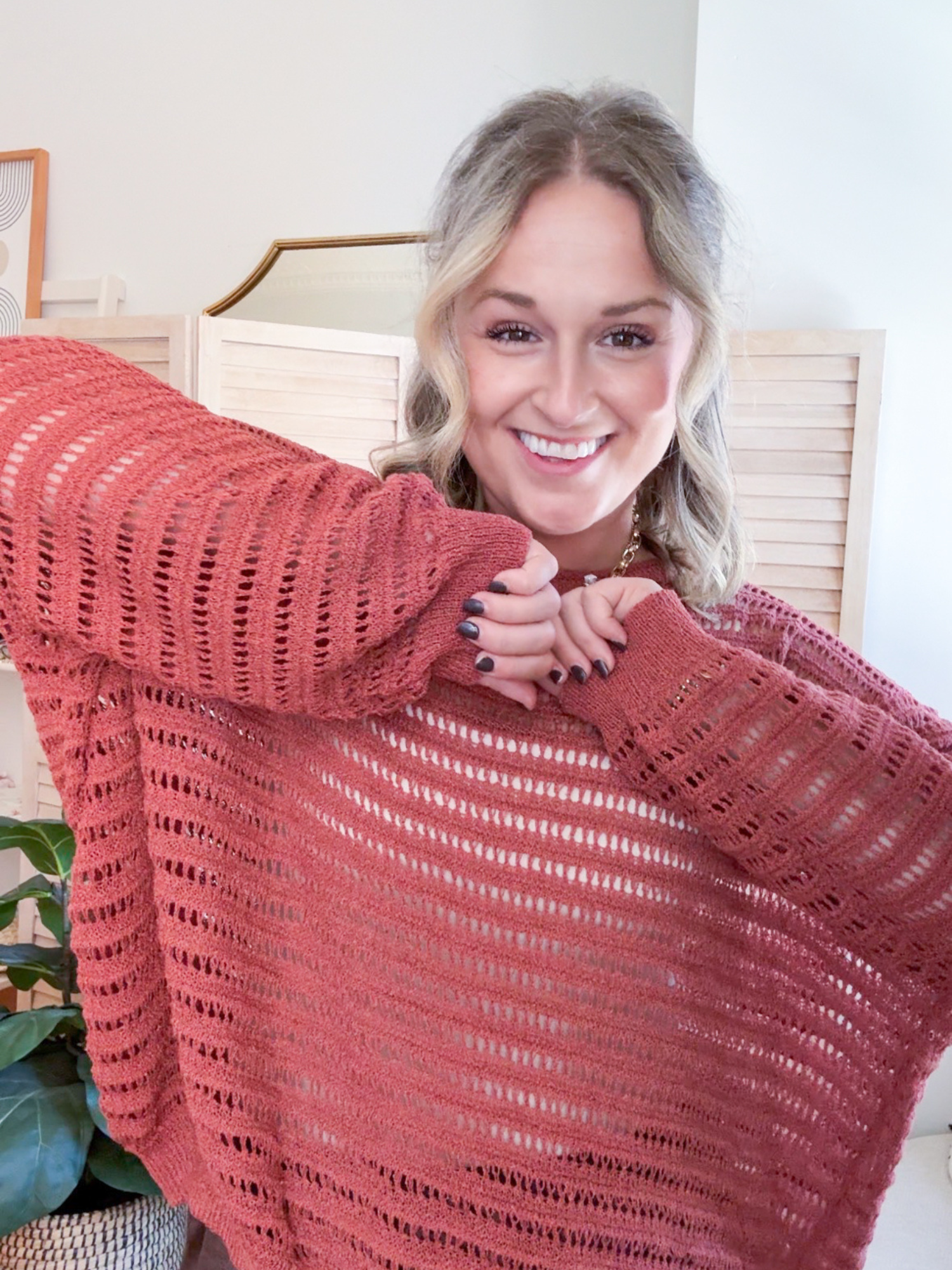 Aida Open Knit Stripe Sweater Top - Terracota