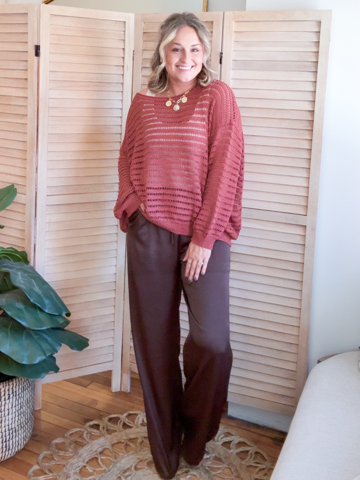 Aida Open Knit Stripe Sweater Top - Terracota