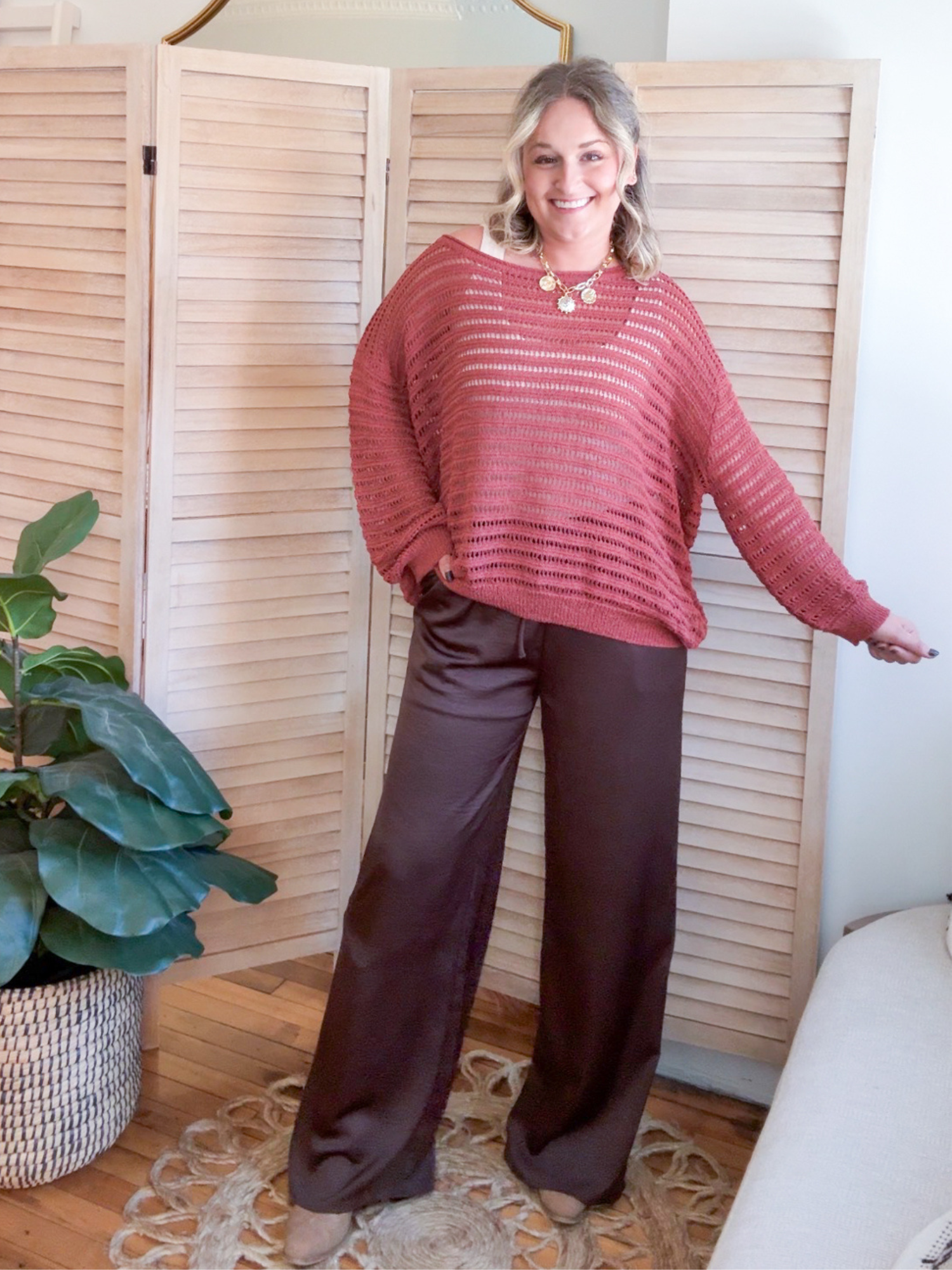 Aida Open Knit Stripe Sweater Top - Terracota