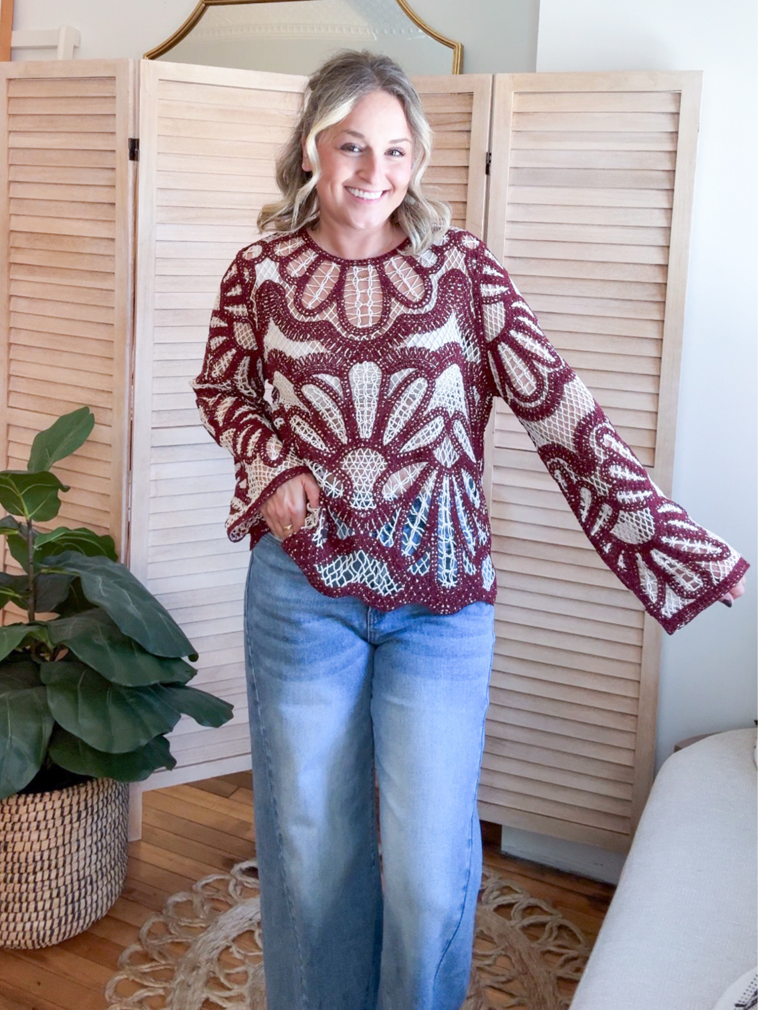 Jensen Crochet Floral Pattern Sweater