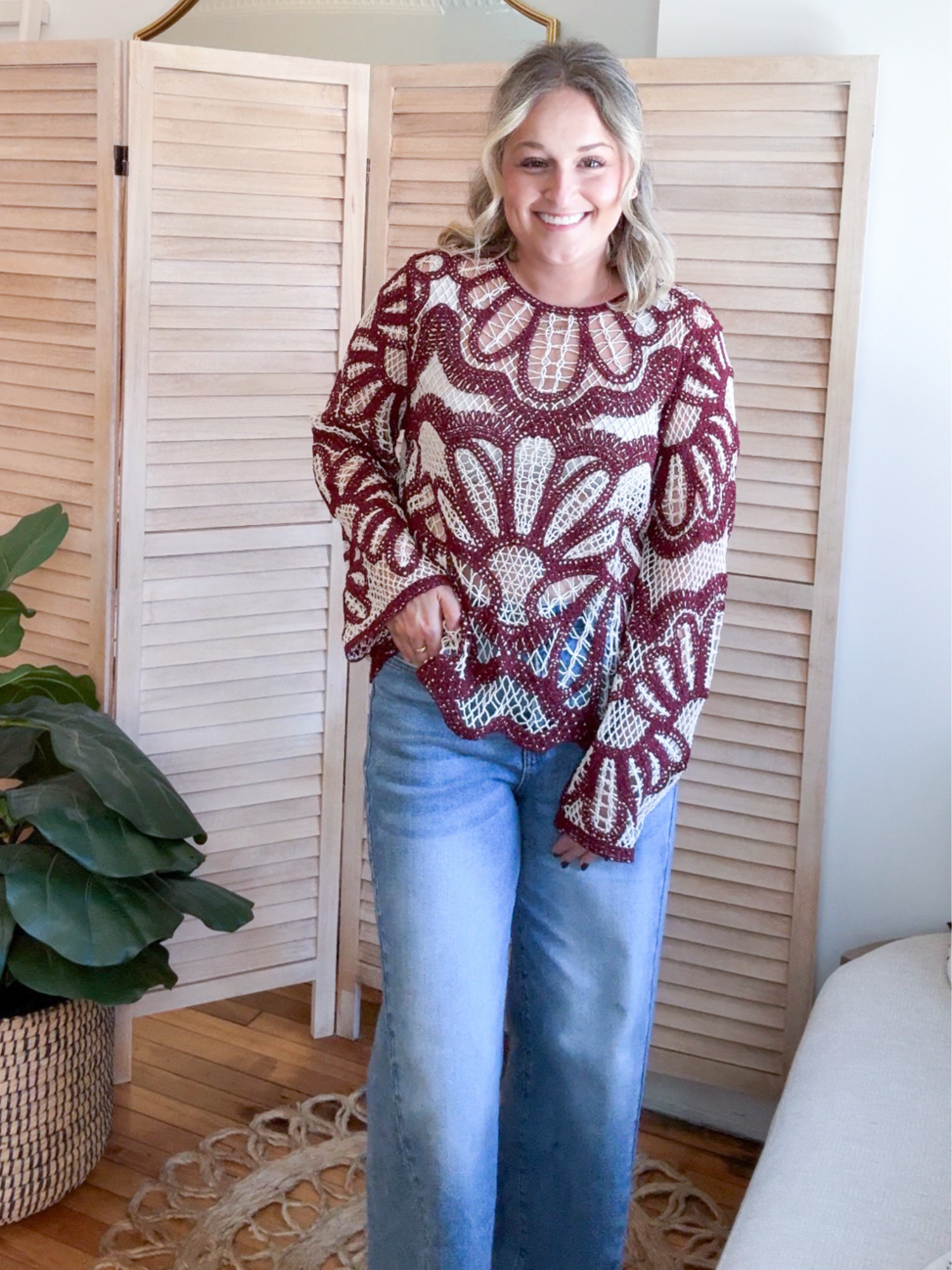 Jensen Crochet Floral Pattern Sweater
