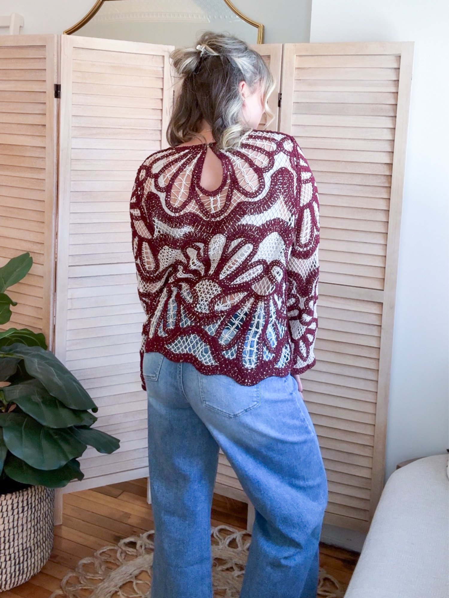 Jensen Crochet Floral Pattern Sweater