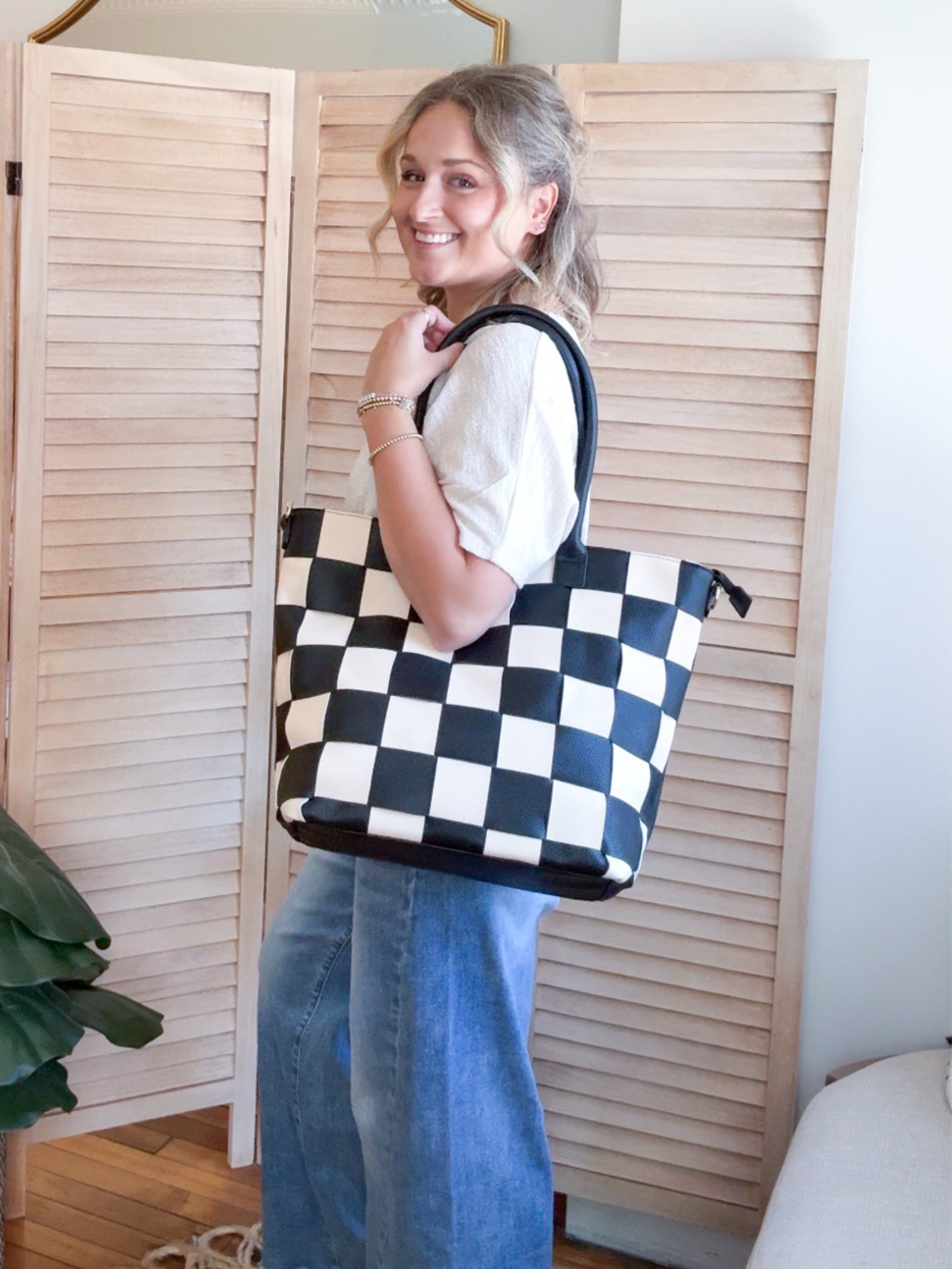 Courtney Checkered Tote - Black
