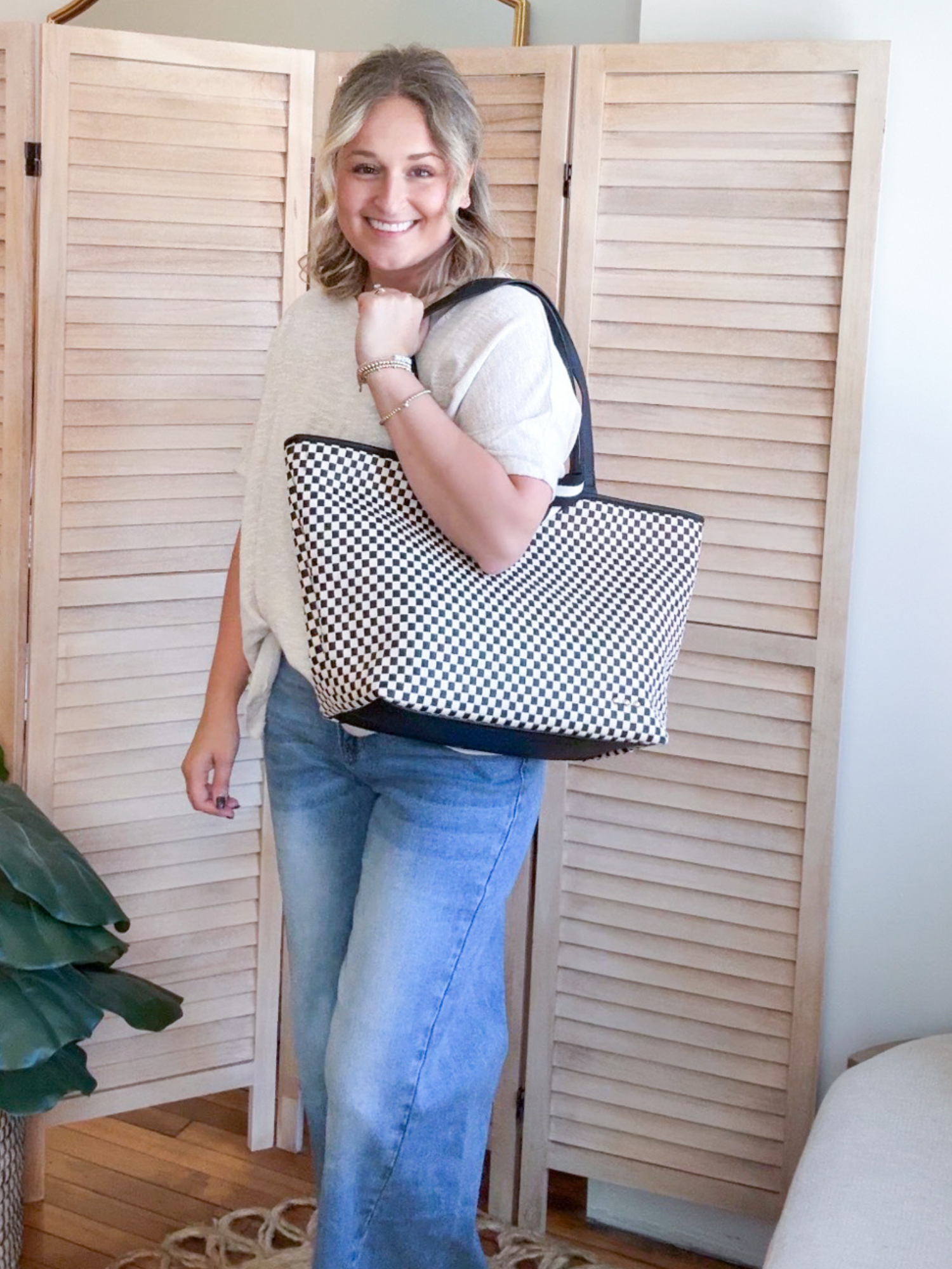 Tiffany Woven Organizer Tote - Black Checker