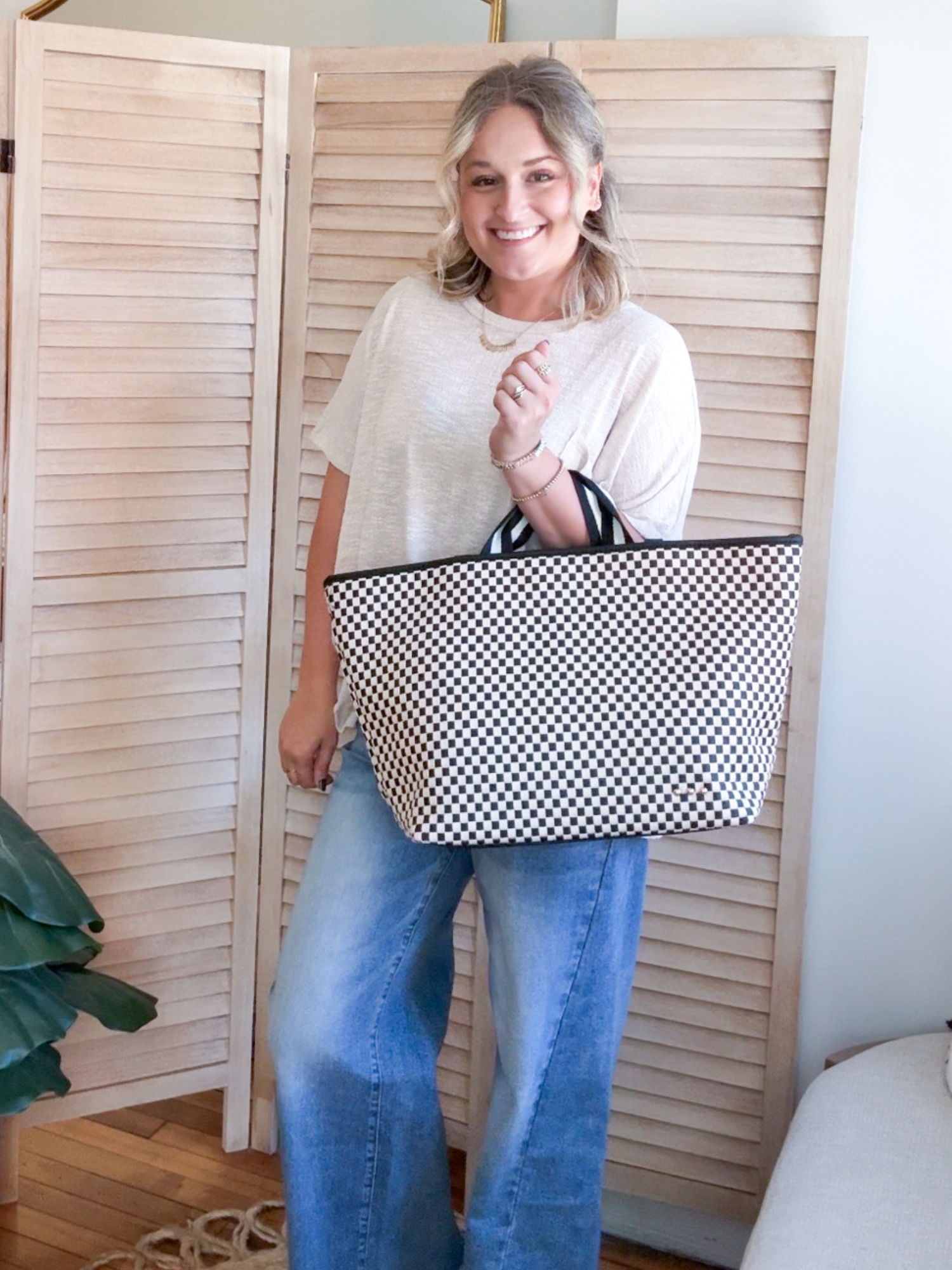 Tiffany Woven Organizer Tote - Black Checker