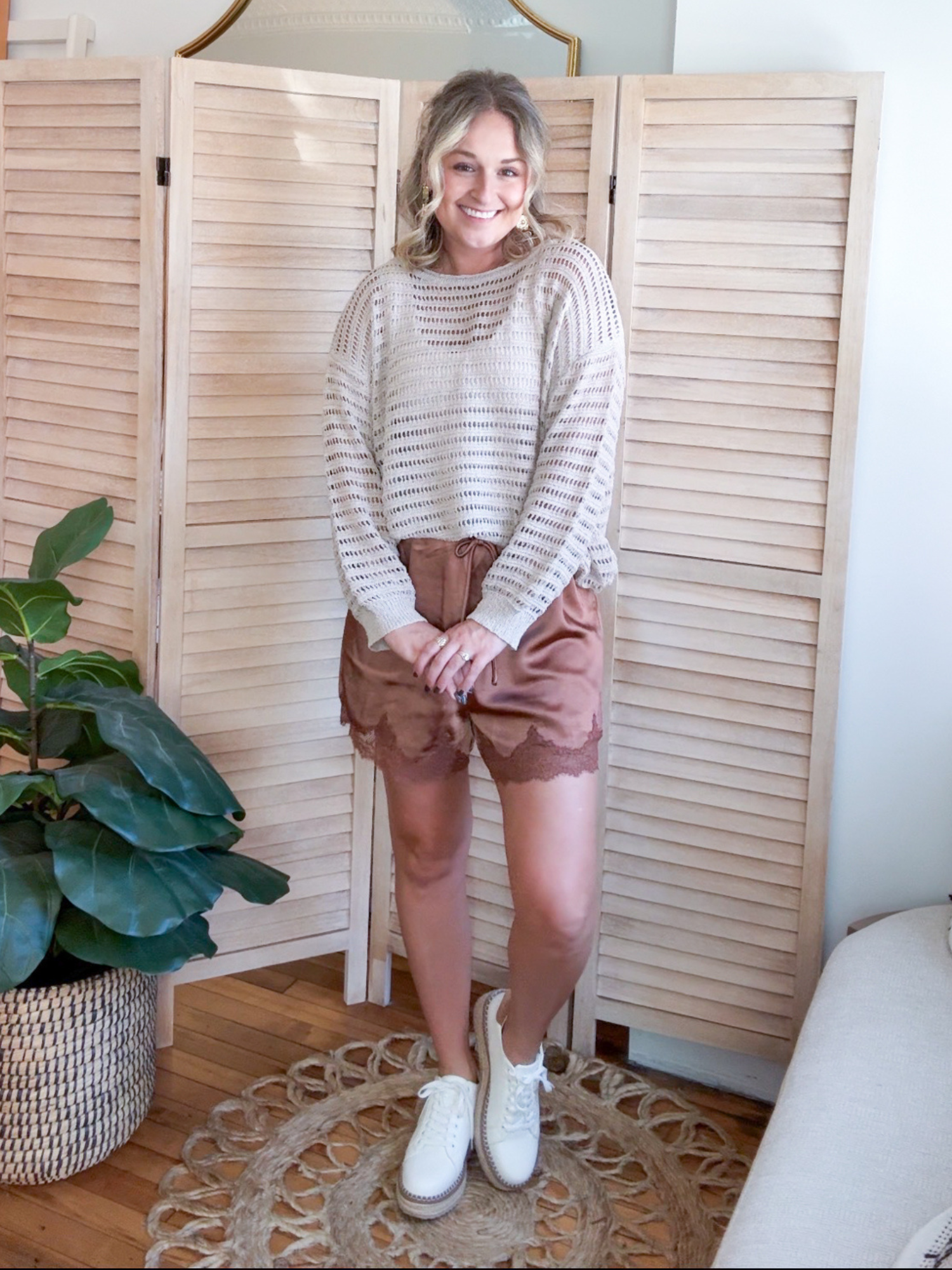 Aida Open Knit Stripe Sweater Top - Stone