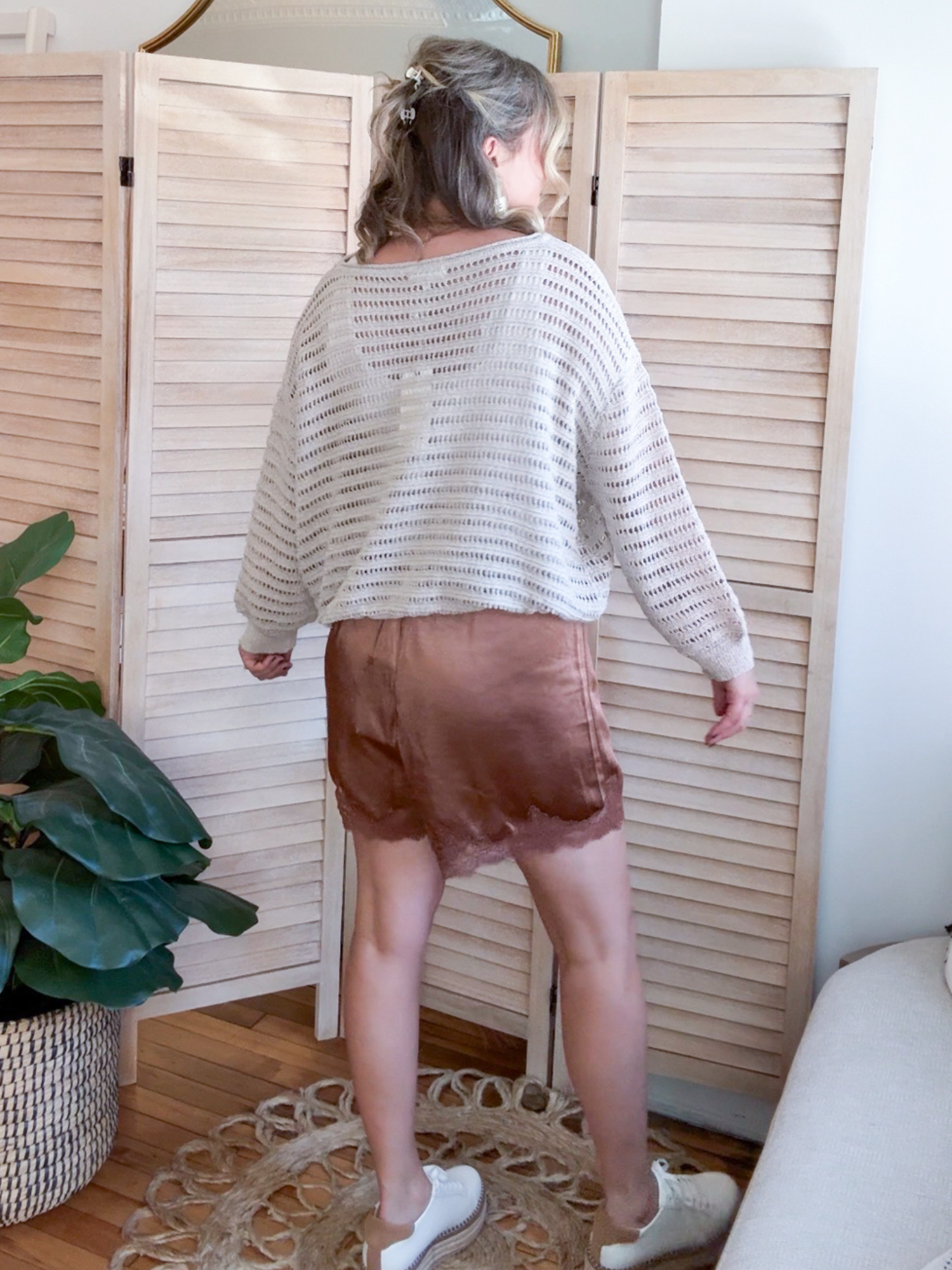 Aida Open Knit Stripe Sweater Top - Stone