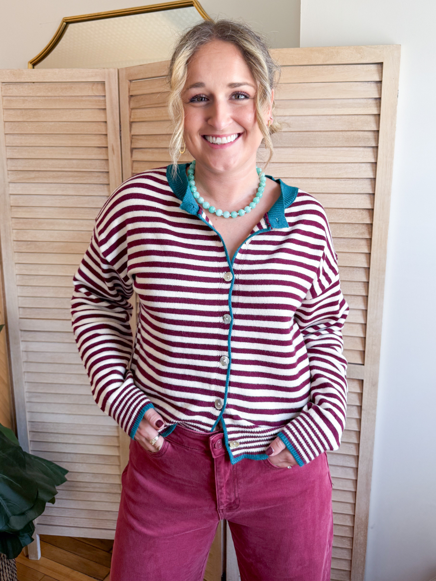 Tanna Striped Cardigan - Wine Ivory - The Collective Rose