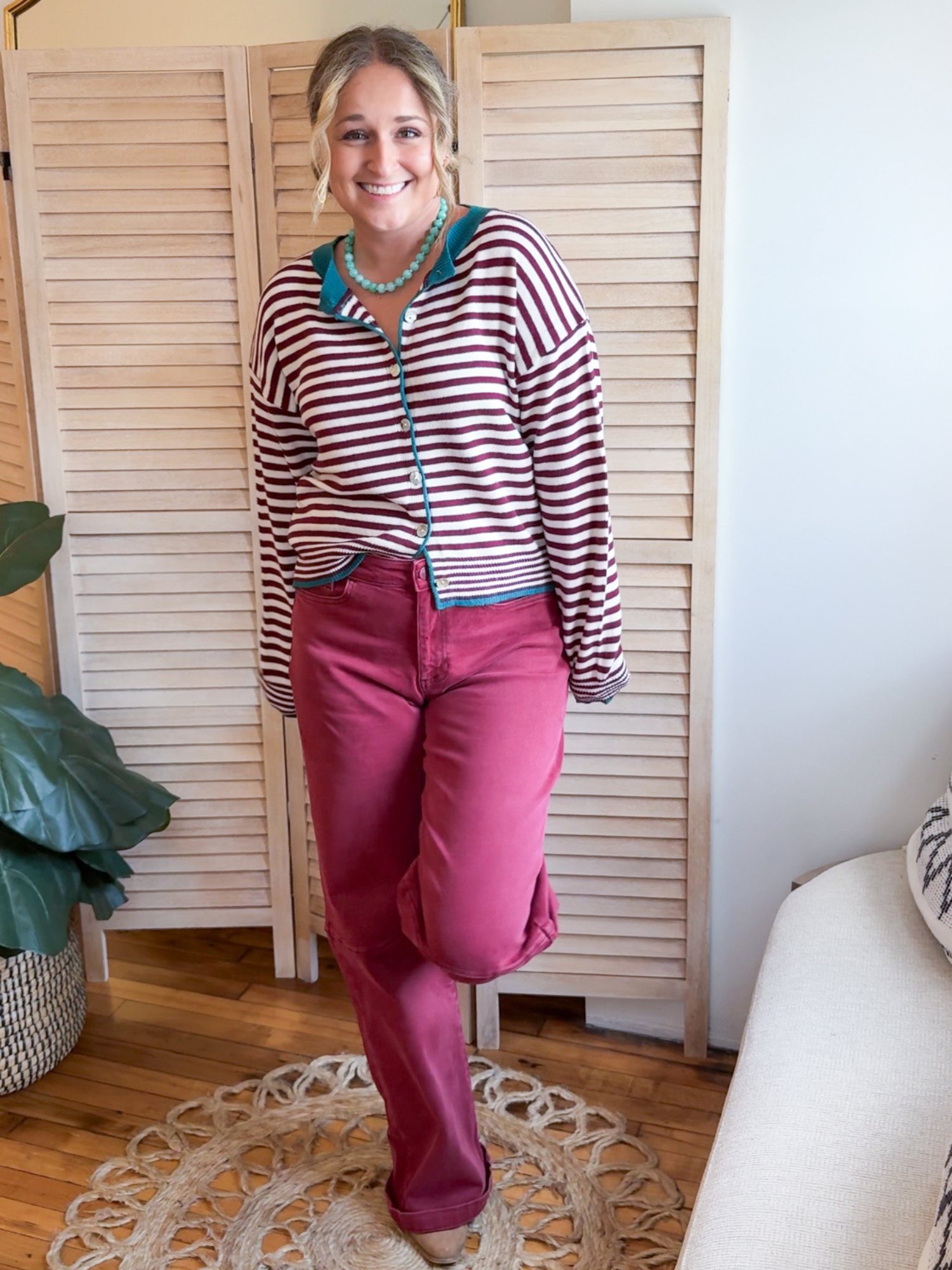 Tanna Striped Cardigan - Wine Ivory - The Collective Rose