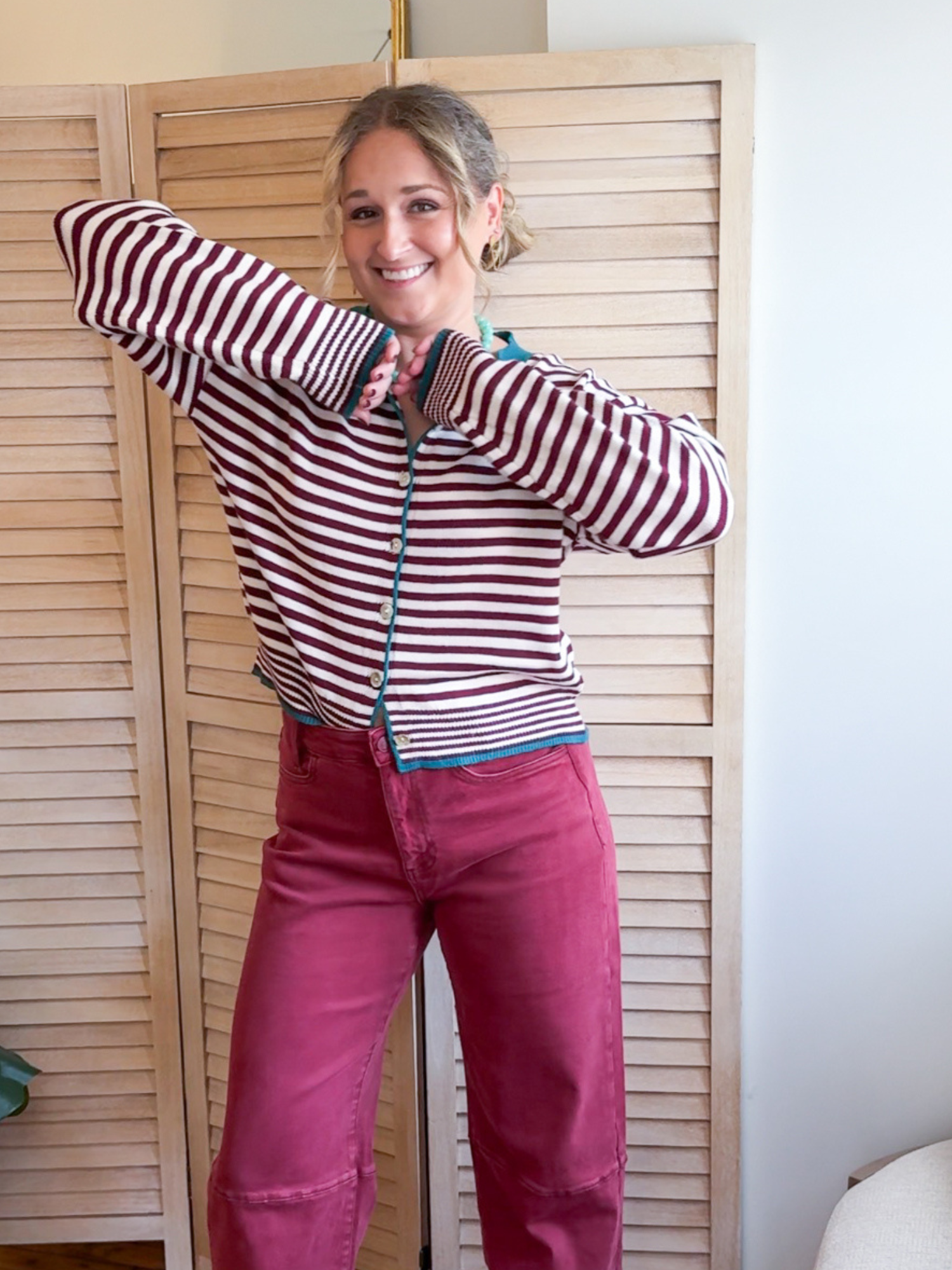 Tanna Striped Cardigan - Wine Ivory - The Collective Rose