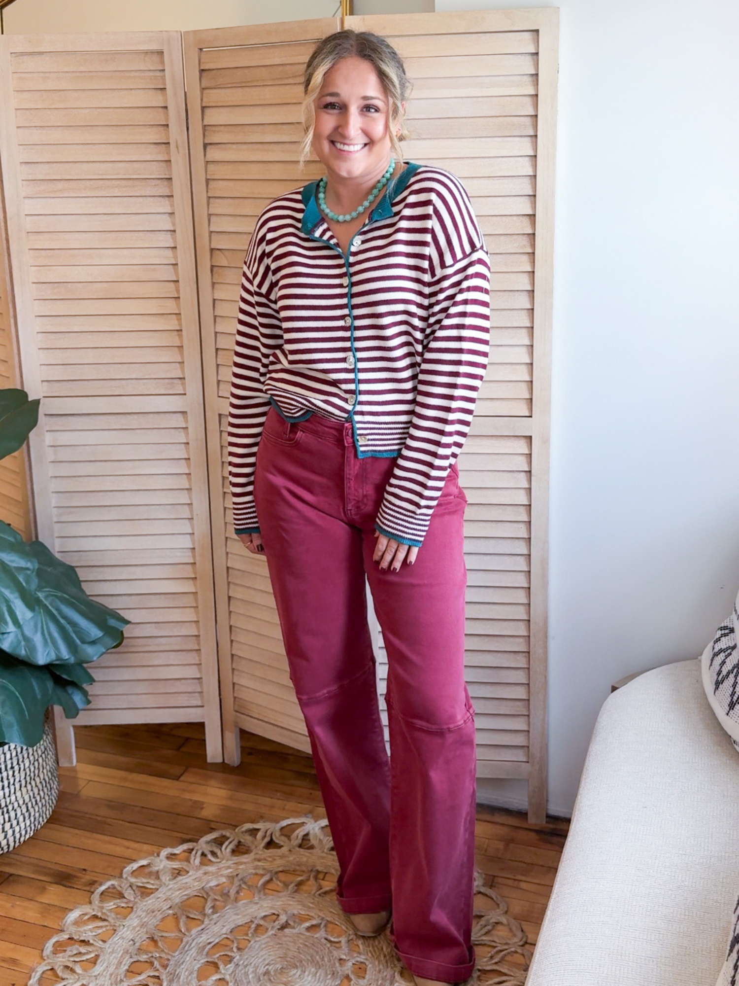 Tanna Striped Cardigan - Wine Ivory - The Collective Rose