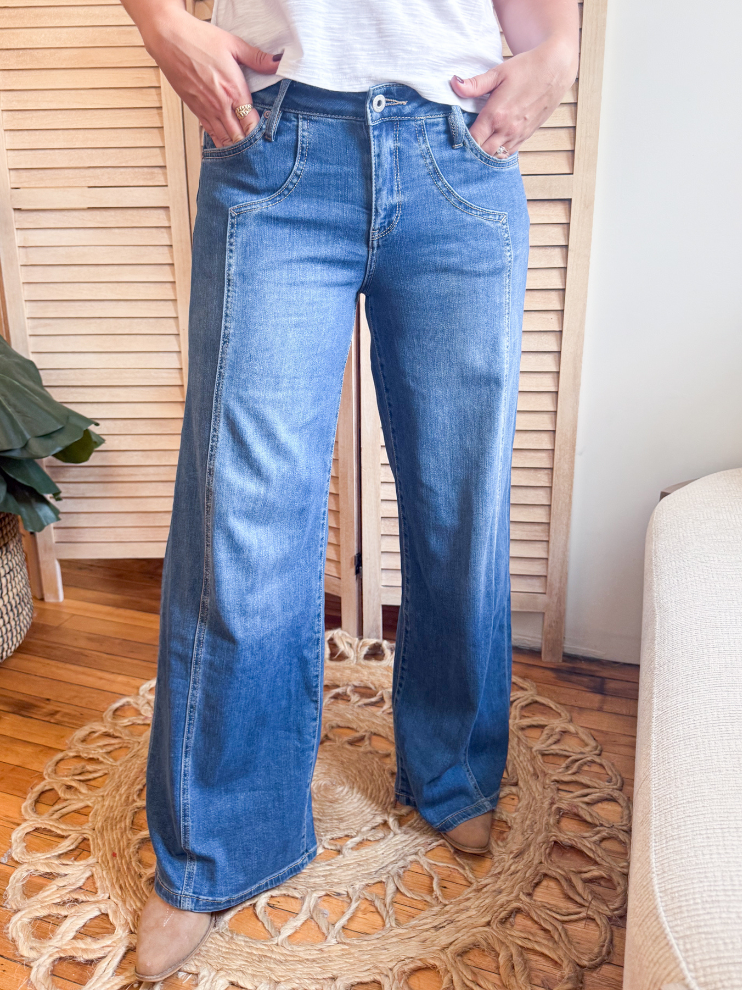Mid Rise Wide Leg Side Panel Jeans - The Collective Rose