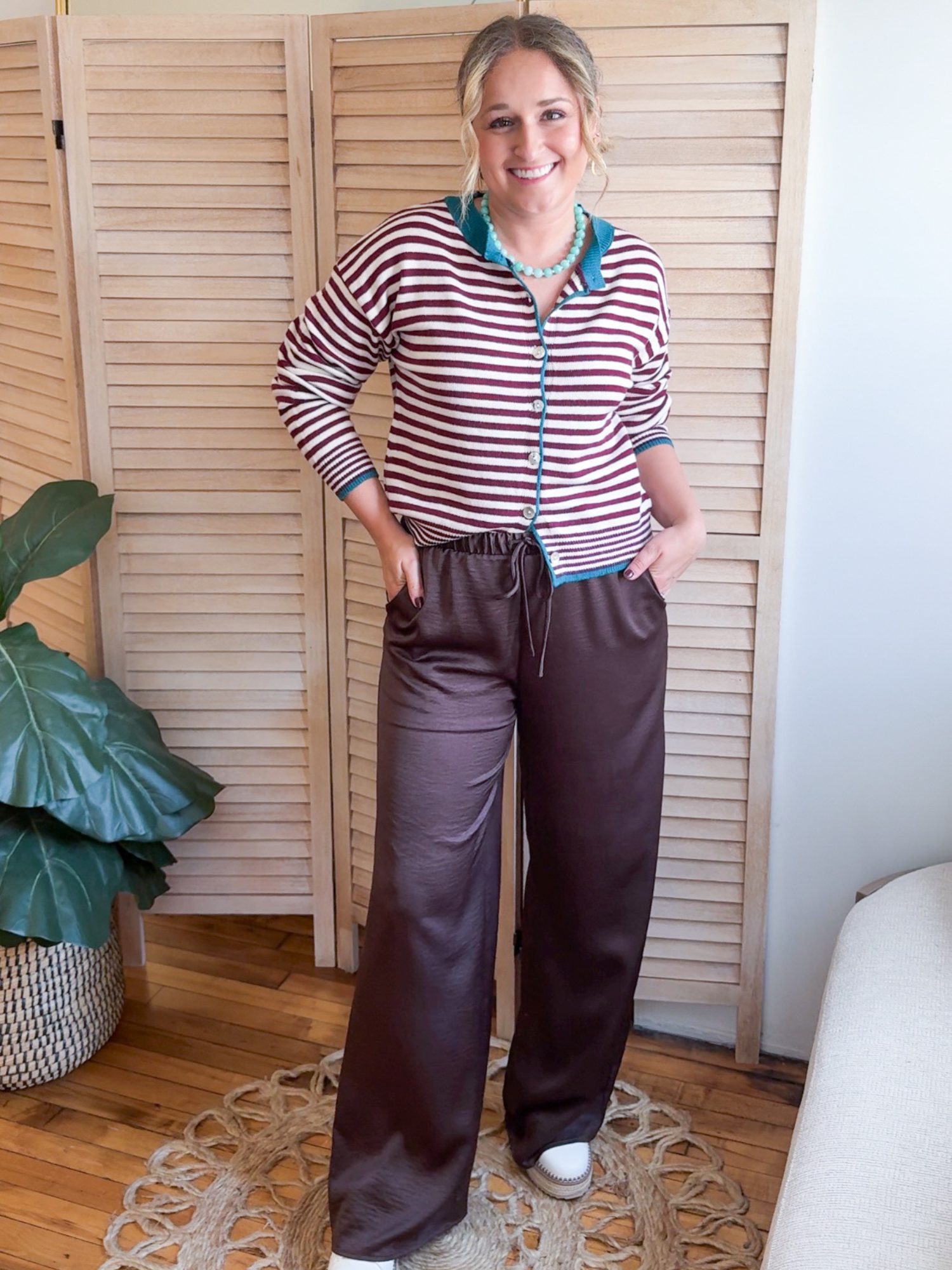 Cecilia Crinkled Satin Wide Leg Pants - The Collective Rose
