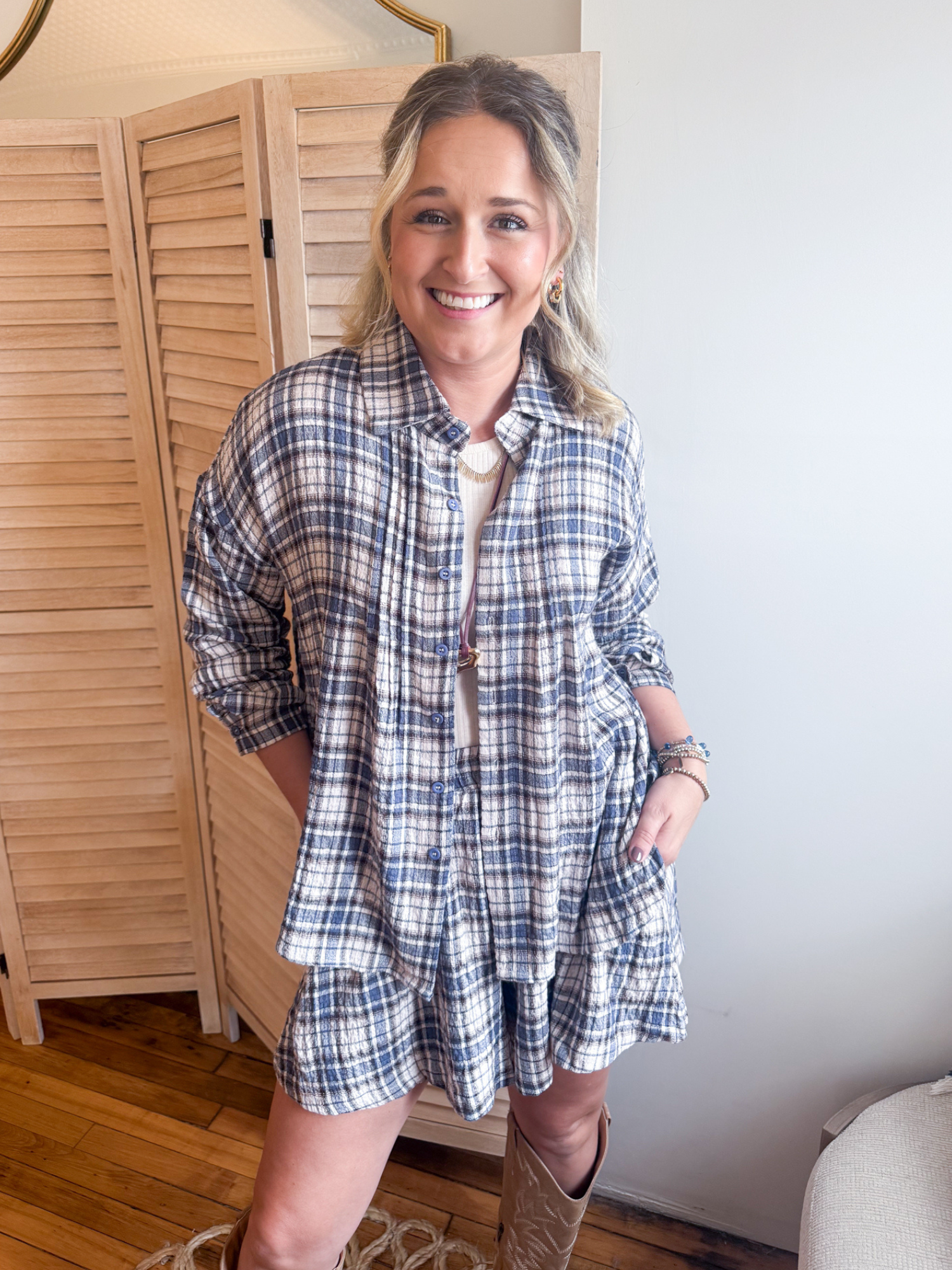 Halley Plaid Pintuck Button Up