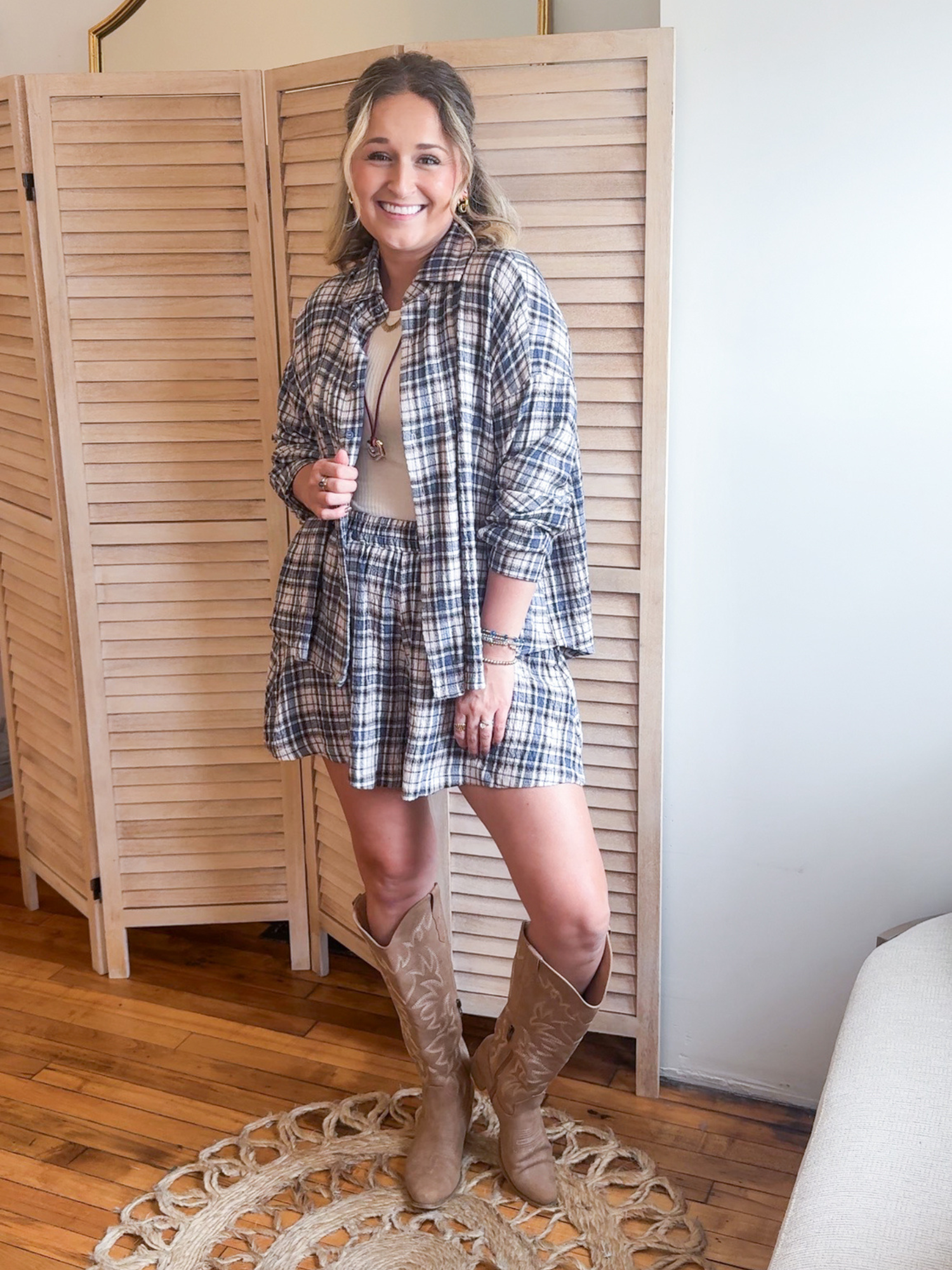 Halley Plaid Pintuck Button Up