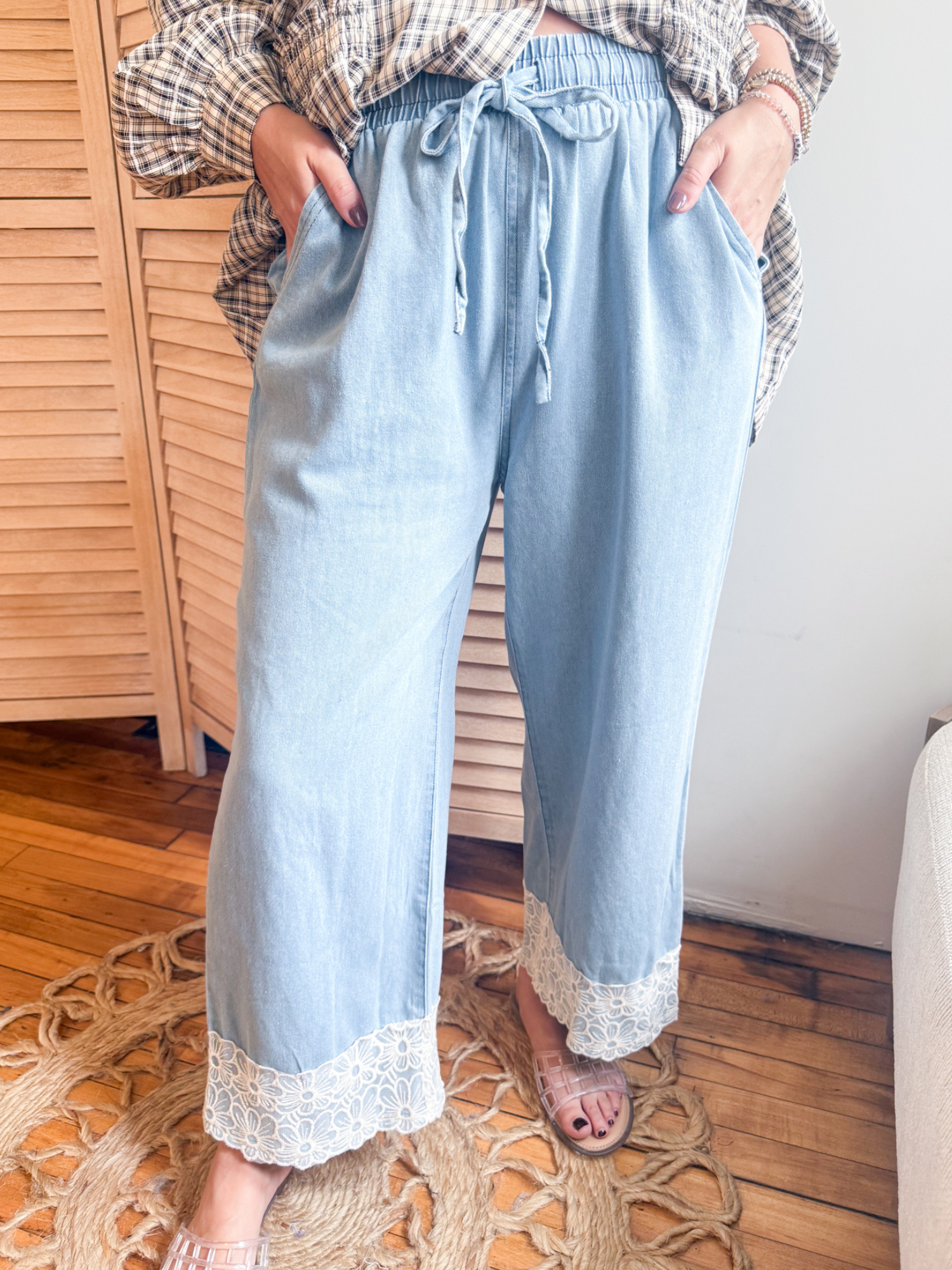 Winnie Washed Denim Lace Trim Pants