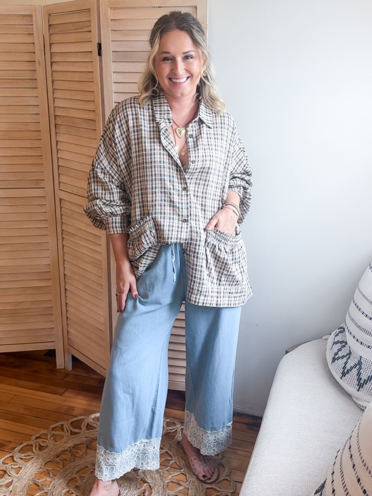 Winnie Washed Denim Lace Trim Pants